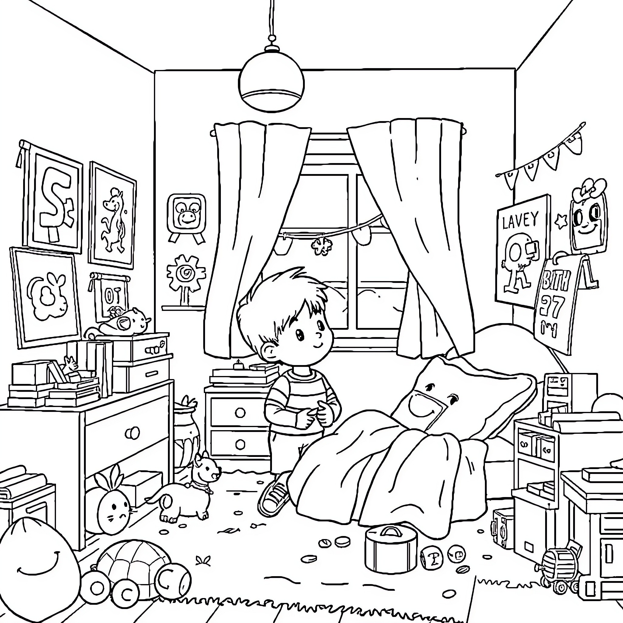 Boy playing in his cozy and colorful bedroom Coloring Page (free black-and-white line drawing printable PDF for all, from beginners to advanced learners, including children, teens, adults, and seniors)