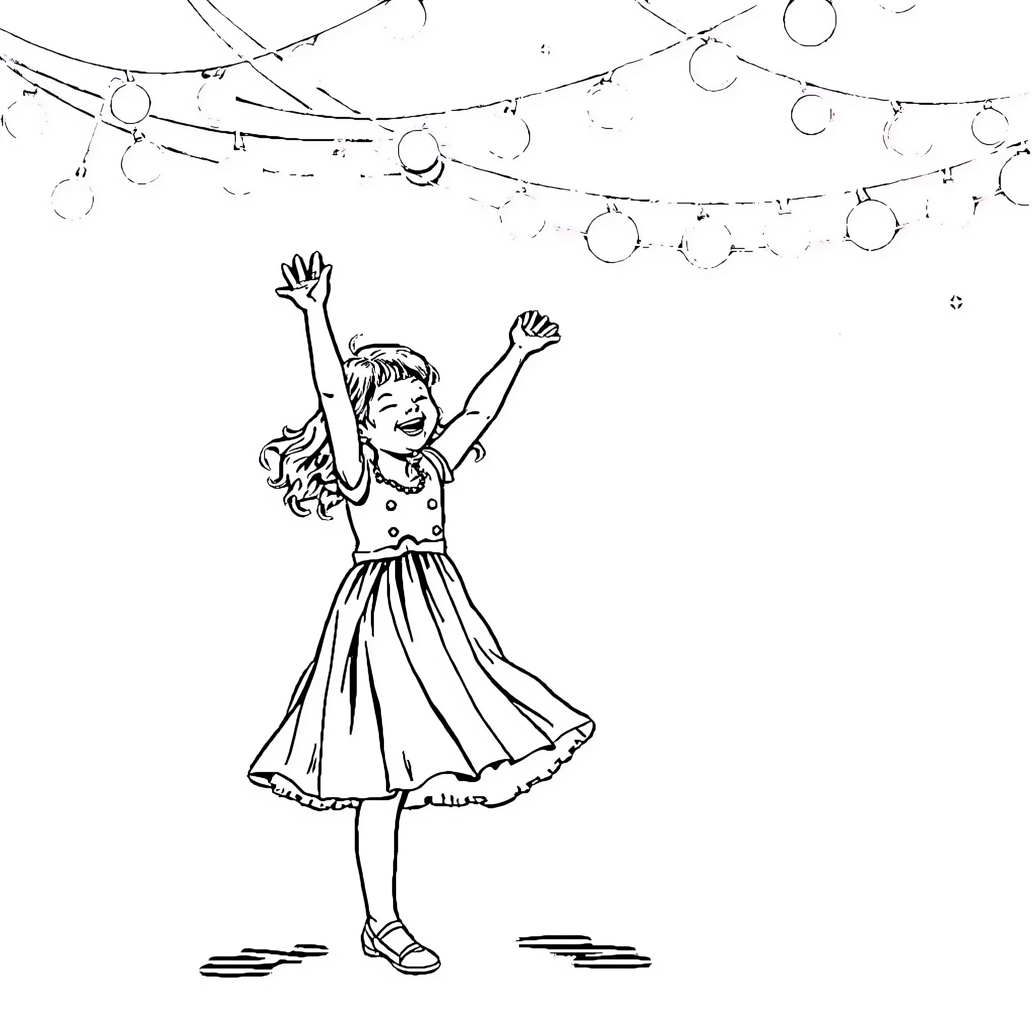 Girl dancing joyfully under festive lights Coloring Page (free black-and-white line drawing printable PDF for all, from beginners to advanced learners, including children, teens, adults, and seniors)