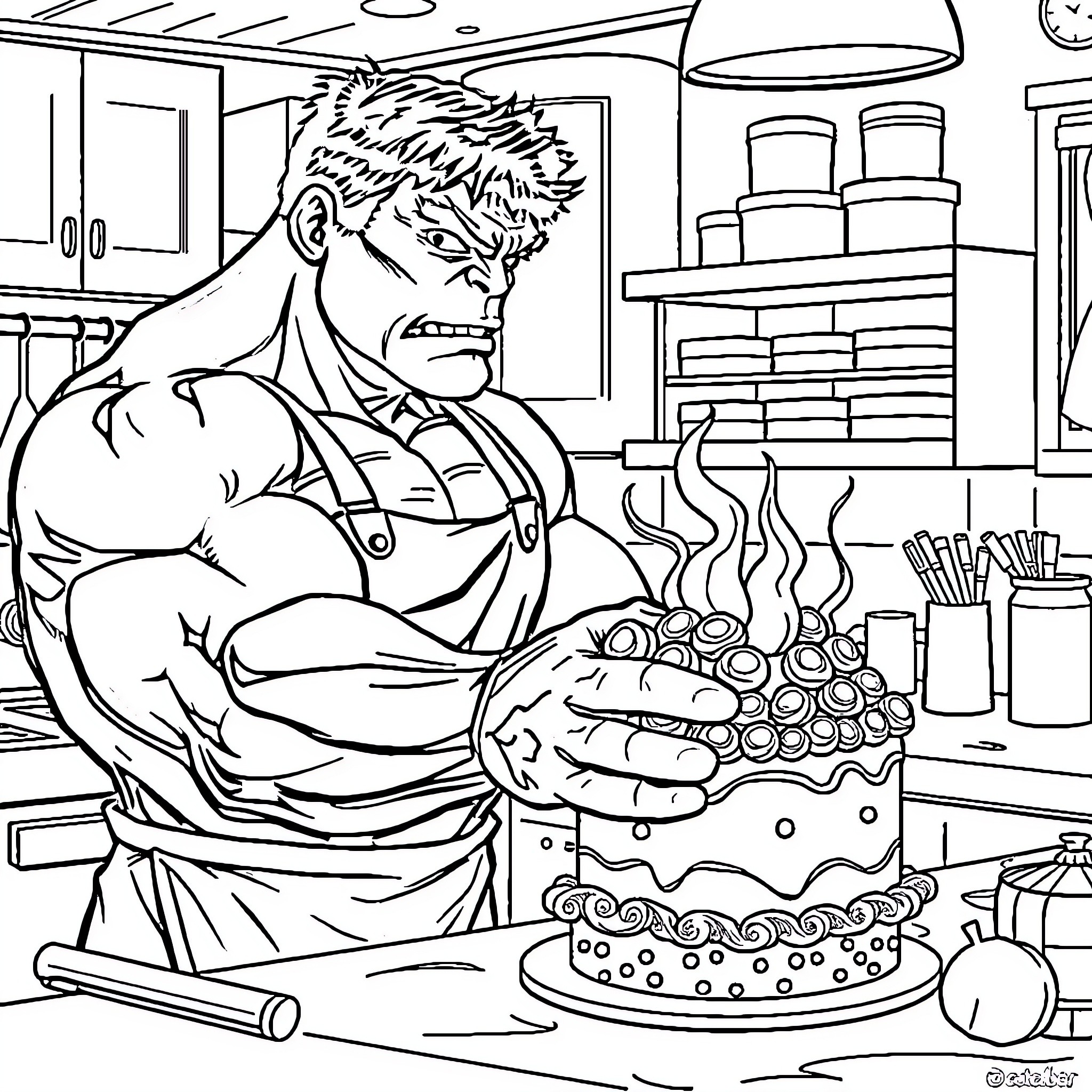 Hulk Baking a Decorative Cake in the Kitchen Coloring Page (free black-and-white line drawing printable PDF for all, from beginners to advanced learners, including children, teens, adults, and seniors)