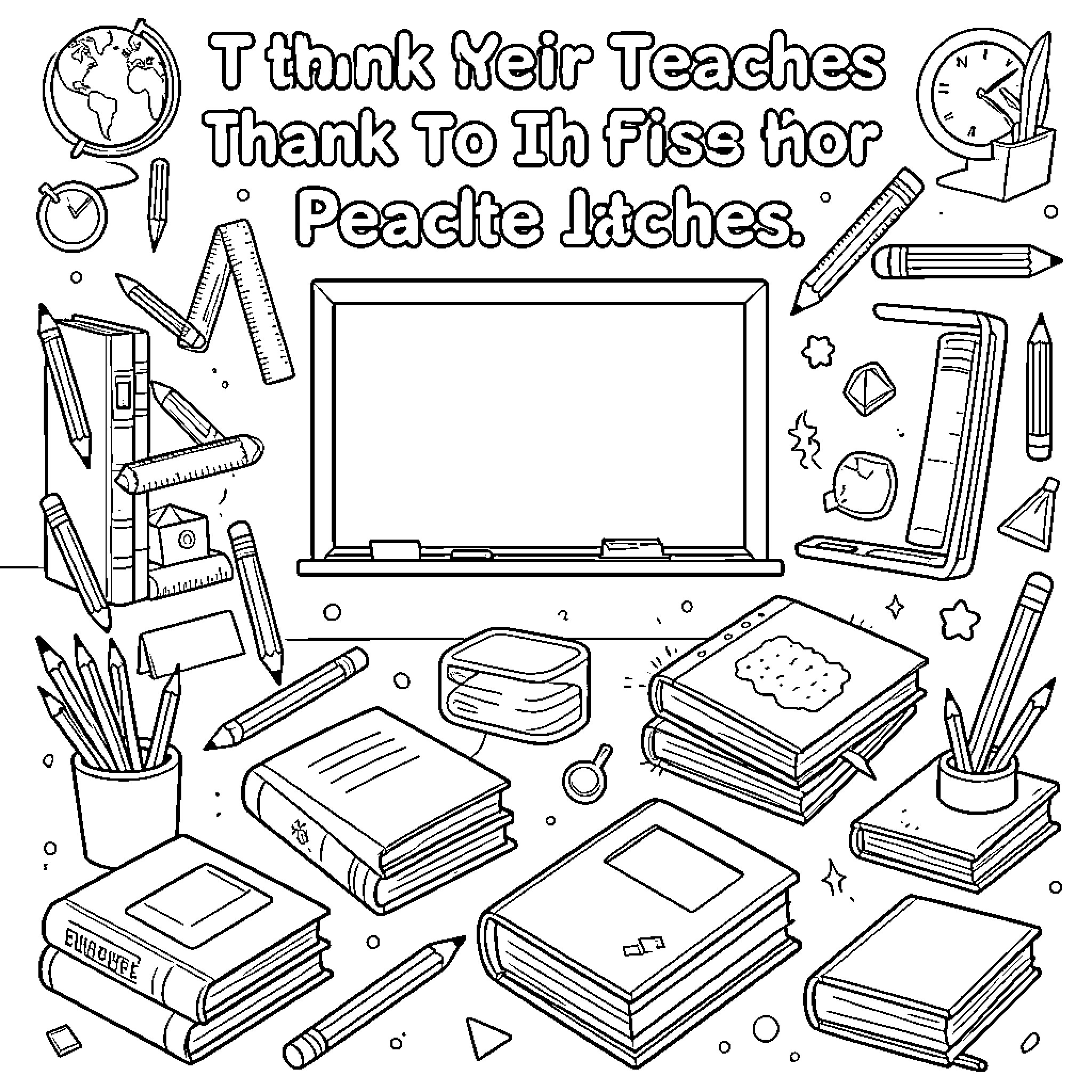 School Supplies arranged around a blank chalkboard scene Coloring Page (free black-and-white line drawing printable PDF for all, from beginners to advanced learners, including children, teens, adults, and seniors)
