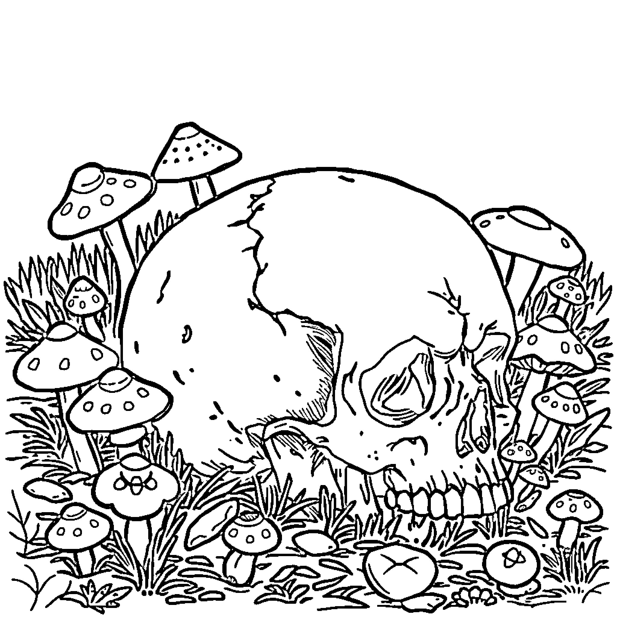 Skull Mushrooms in the Enchanted Forest Coloring Page (free black-and-white line drawing printable PDF for all, from beginners to advanced learners, including children, teens, adults, and seniors)
