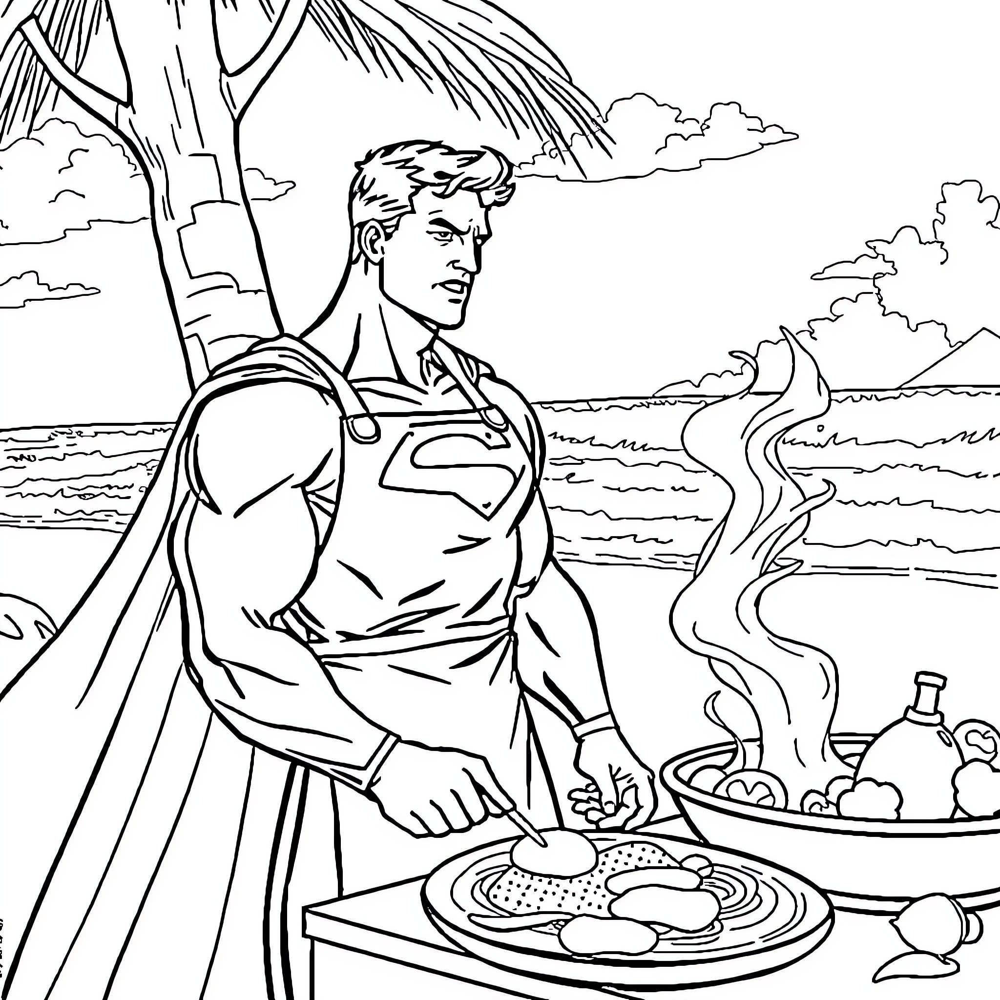 Superman enjoying a tropical meal by the beach Coloring Page (free black-and-white line drawing printable PDF for all, from beginners to advanced learners, including children, teens, adults, and seniors)