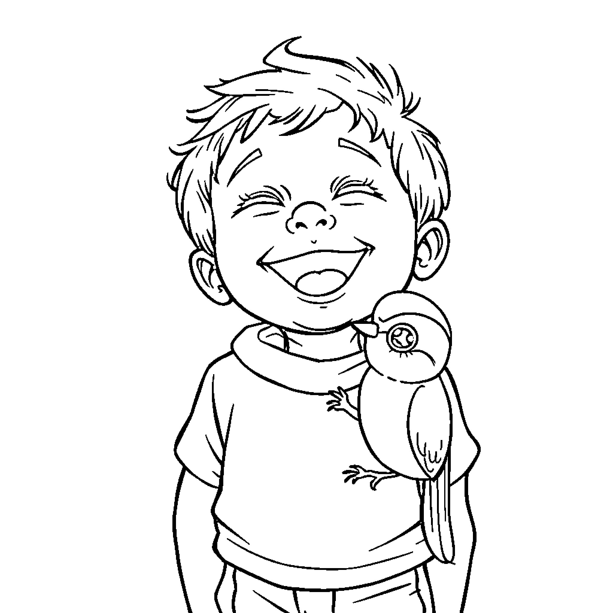 Enfant playing happily with bird friend Coloring Page (free black-and-white line drawing printable PDF for all, from beginners to advanced learners, including children, teens, adults, and seniors)
