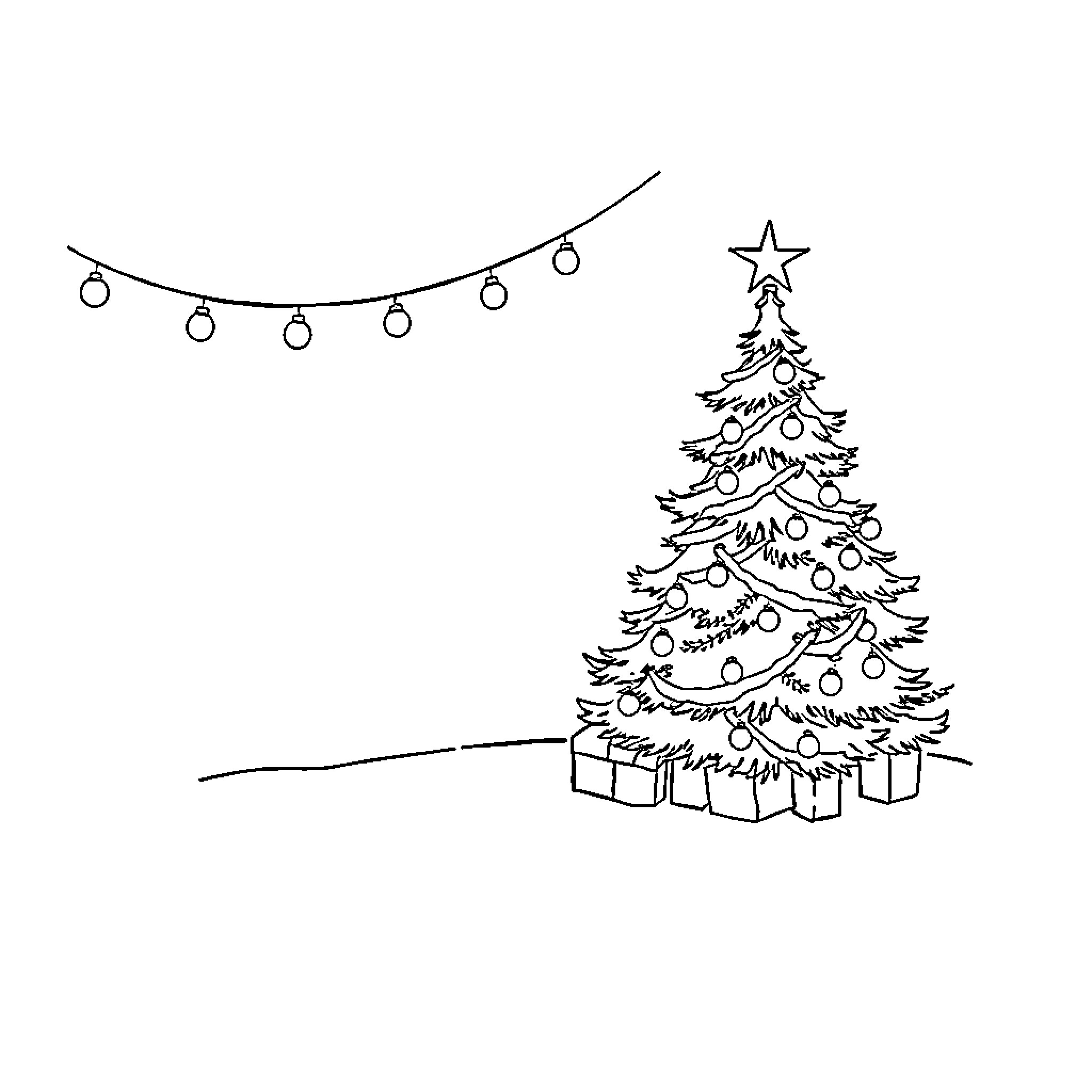 Christmas Scene with Decorated Tree and Lights Coloring Page (free black-and-white line drawing printable PDF for all, from beginners to advanced learners, including children, teens, adults, and seniors)
