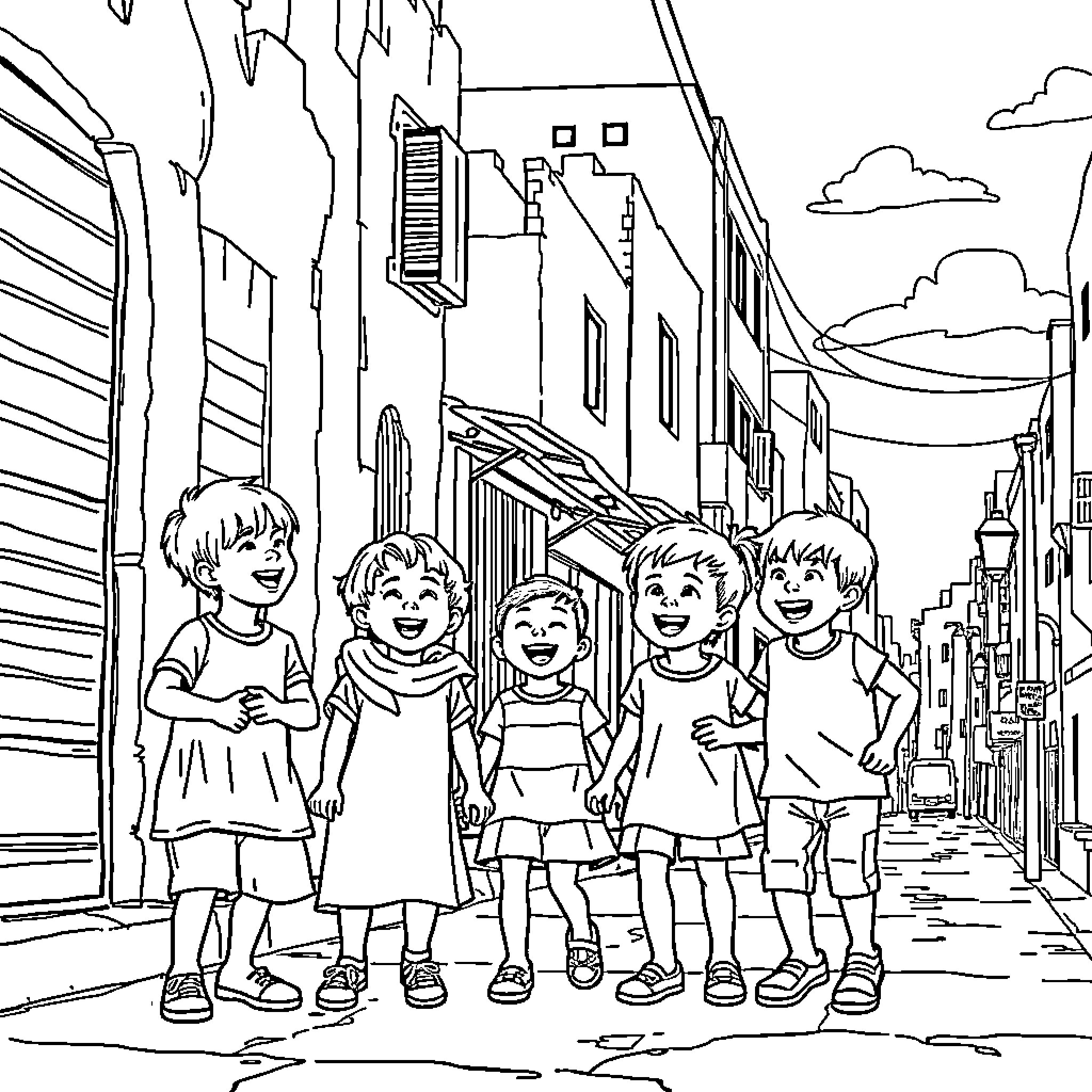 Children Exploring the City Streets Coloring Page (free black-and-white line drawing printable PDF for all, from beginners to advanced learners, including children, teens, adults, and seniors)
