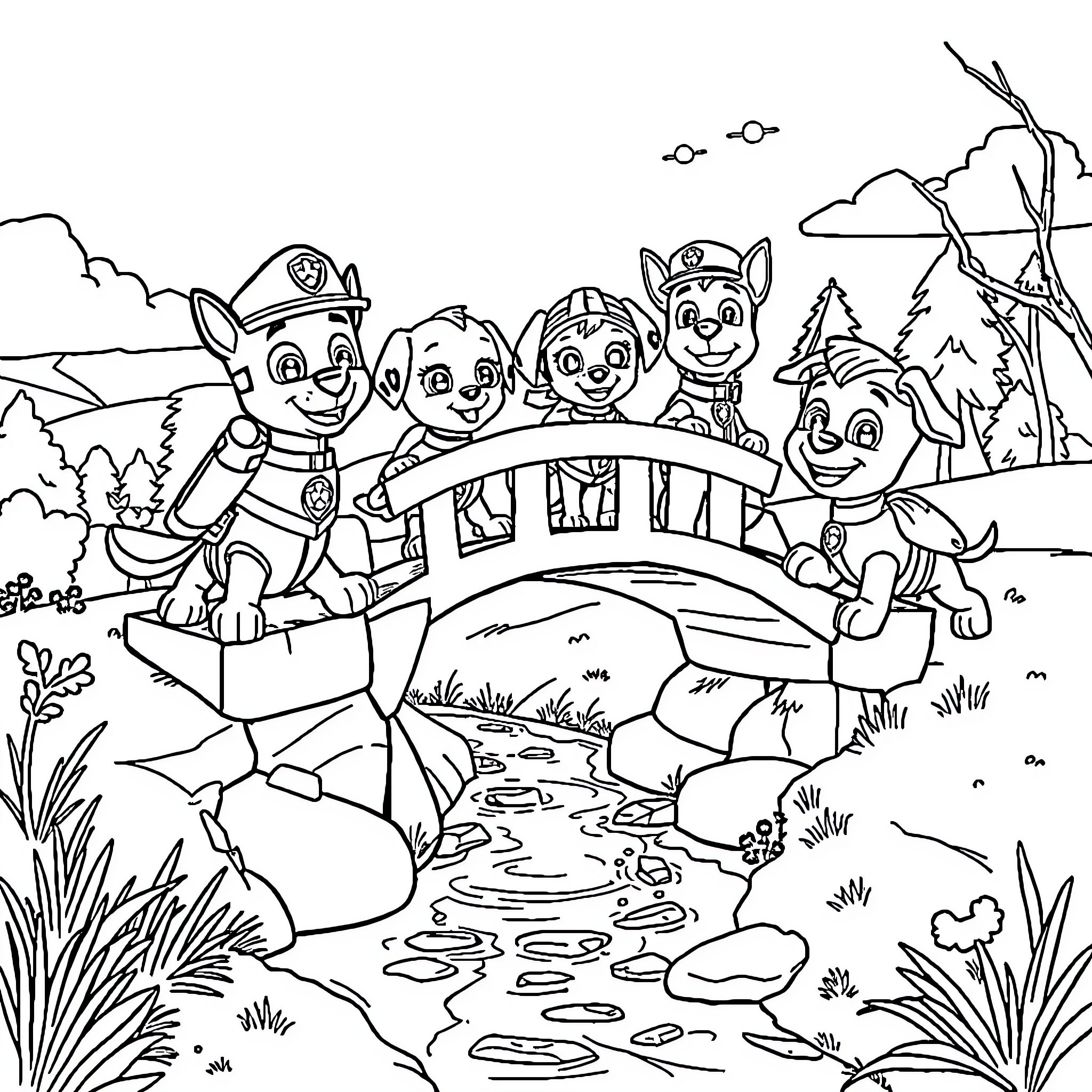 Paw Patrol Crossing the Bridge Adventure Coloring Page (free black-and-white line drawing printable PDF for all, from beginners to advanced learners, including children, teens, adults, and seniors)
