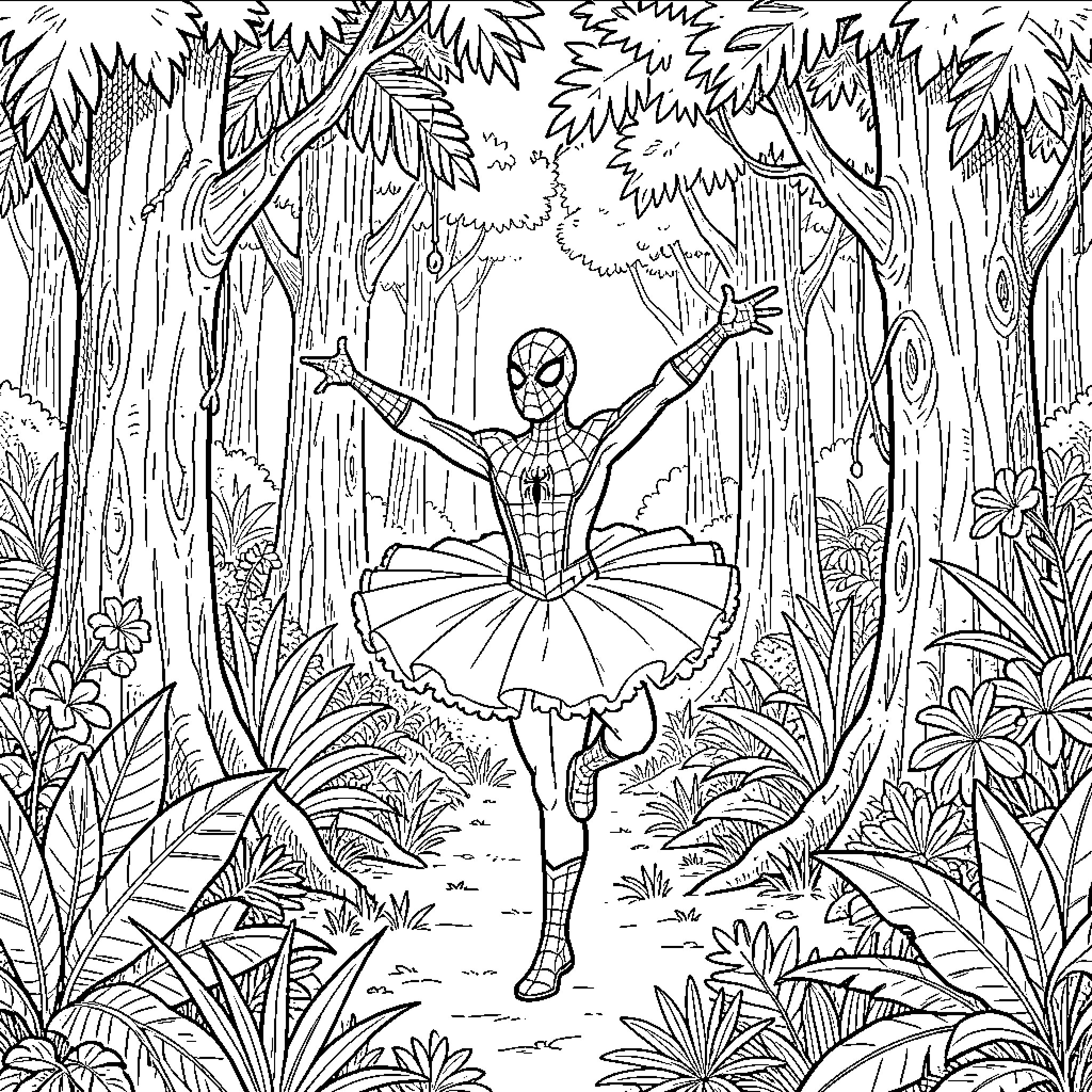 Spider-Man performing a ballet dance in the jungle Coloring Page (free black-and-white line drawing printable PDF for all, from beginners to advanced learners, including children, teens, adults, and seniors)