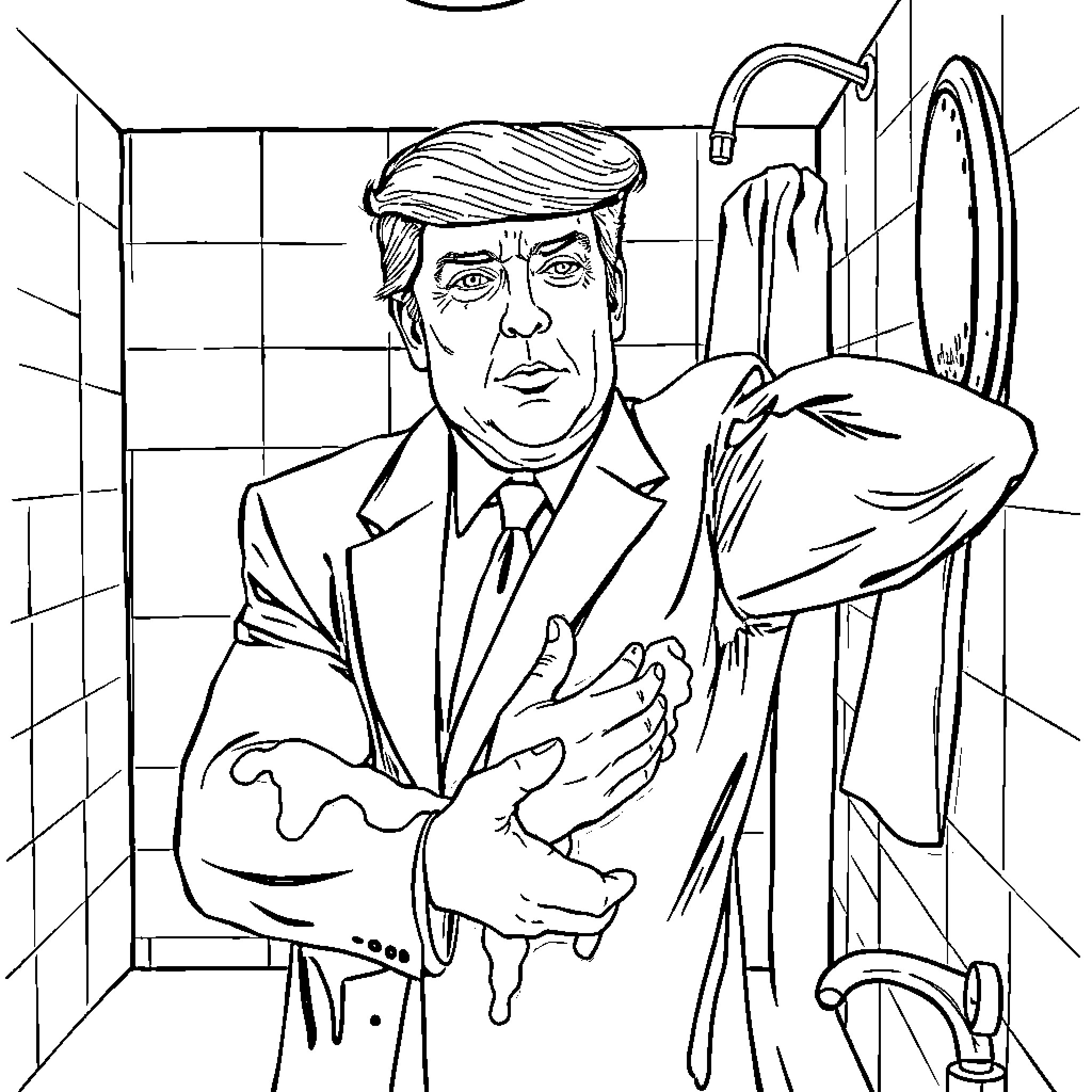 Trump in Contemplative Bathroom Scene Coloring Page (free black-and-white line drawing printable PDF for all, from beginners to advanced learners, including children, teens, adults, and seniors)