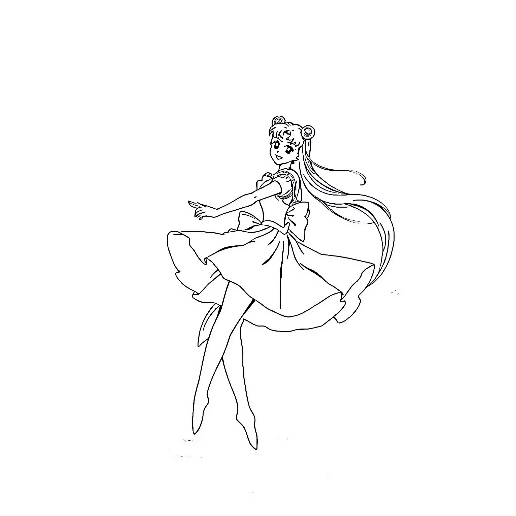 Sailor Moon striking a heroic pose Coloring Page (free black-and-white line drawing printable PDF for all, from beginners to advanced learners, including children, teens, adults, and seniors)
