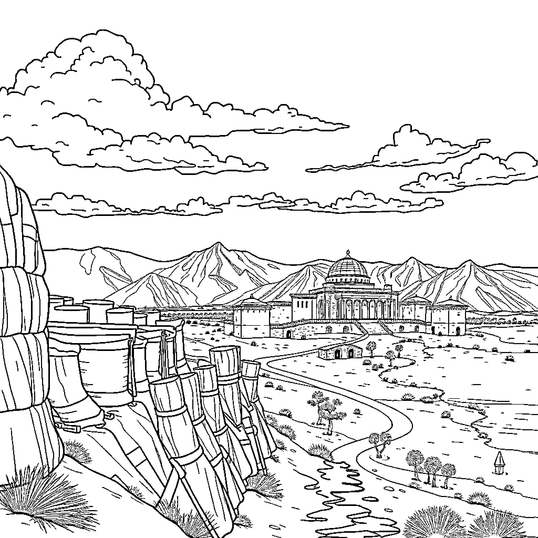 Iran: Majestic Architectural Landscape with Mountain Vistas Coloring Page (free black-and-white line drawing printable PDF for all, from beginners to advanced learners, including children, teens, adults, and seniors)