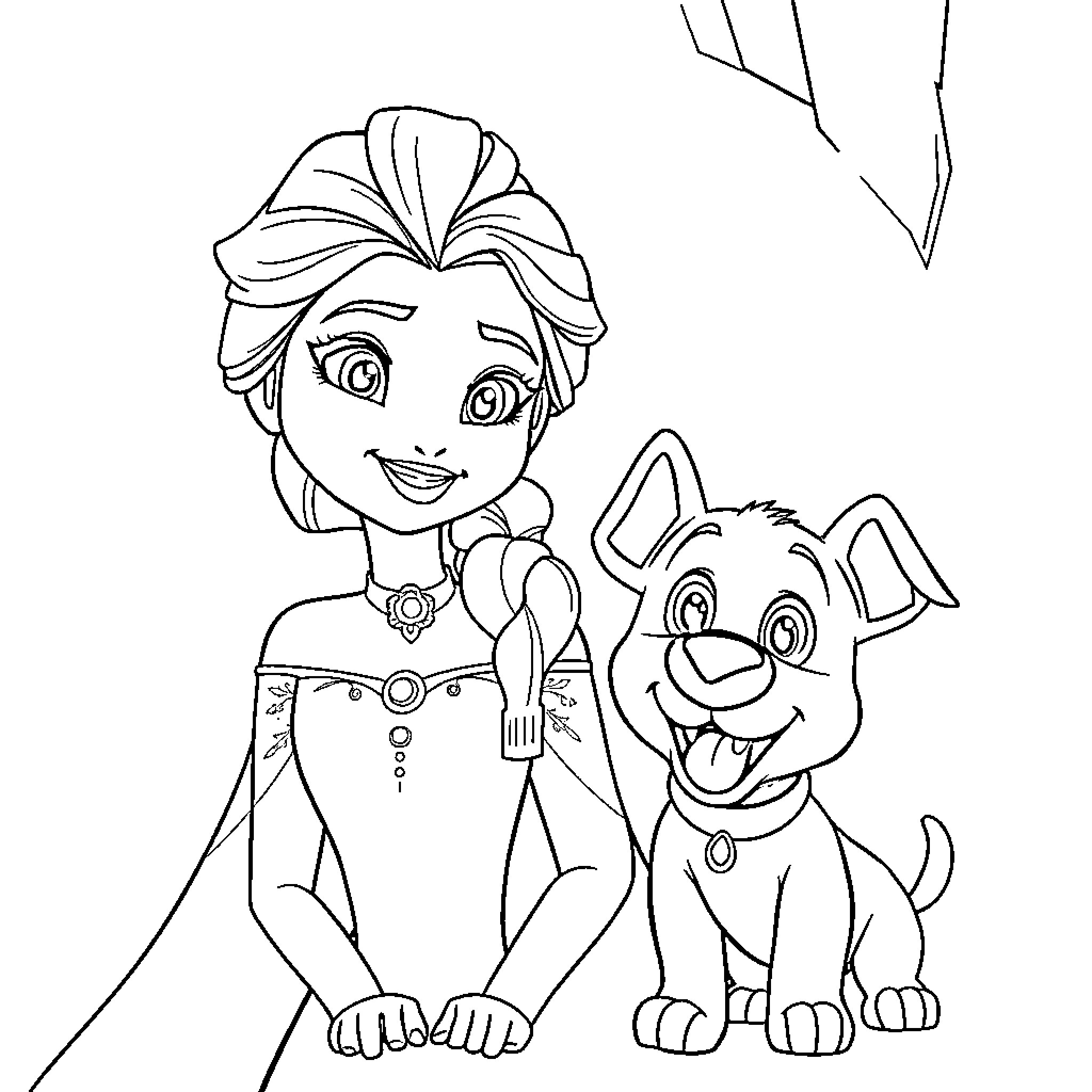 Elsa and her playful companion in the forest Coloring Page (free black-and-white line drawing printable PDF for all, from beginners to advanced learners, including children, teens, adults, and seniors)