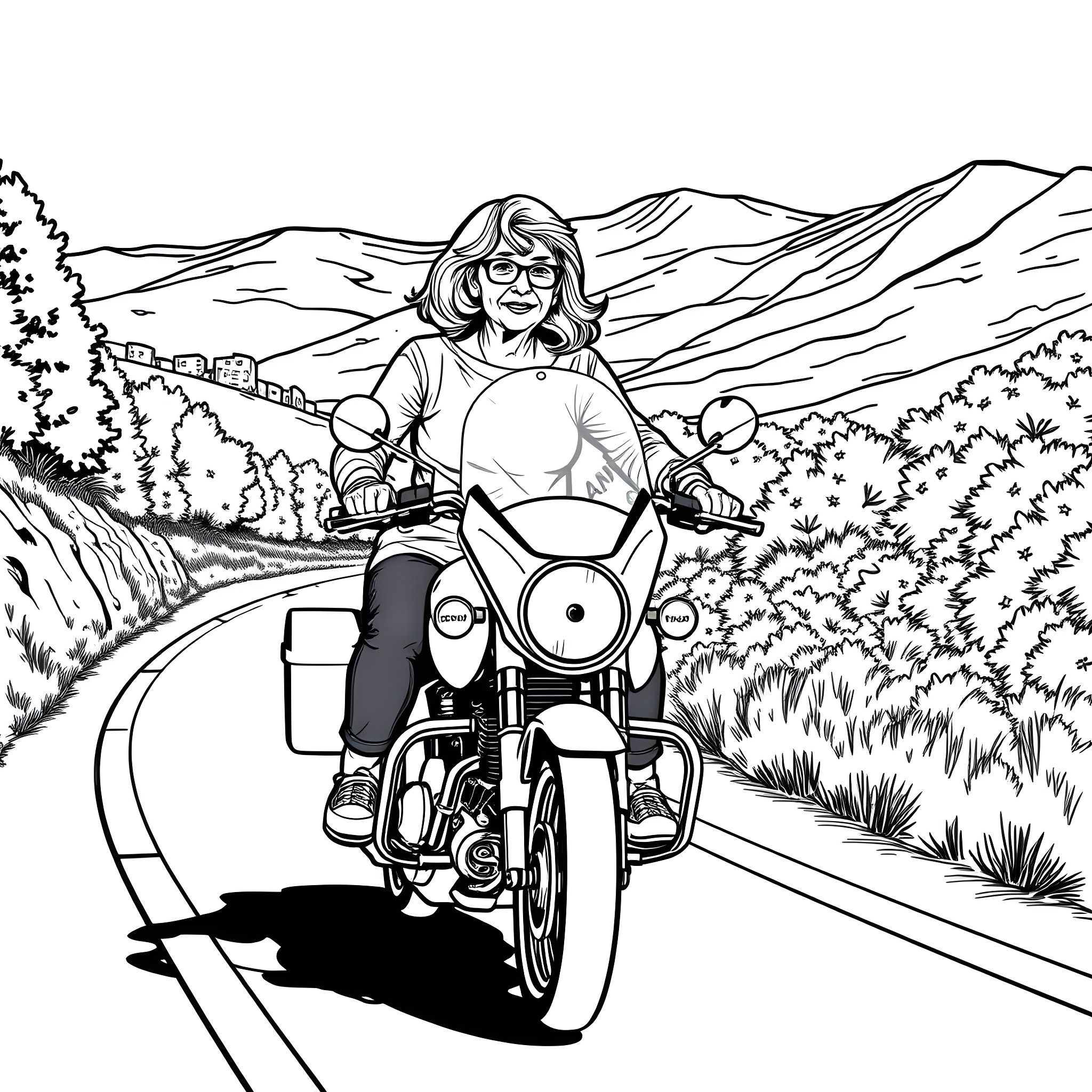 Lady riding a motorcycle through the countryside Coloring Page (free black-and-white line drawing printable PDF for all, from beginners to advanced learners, including children, teens, adults, and seniors)