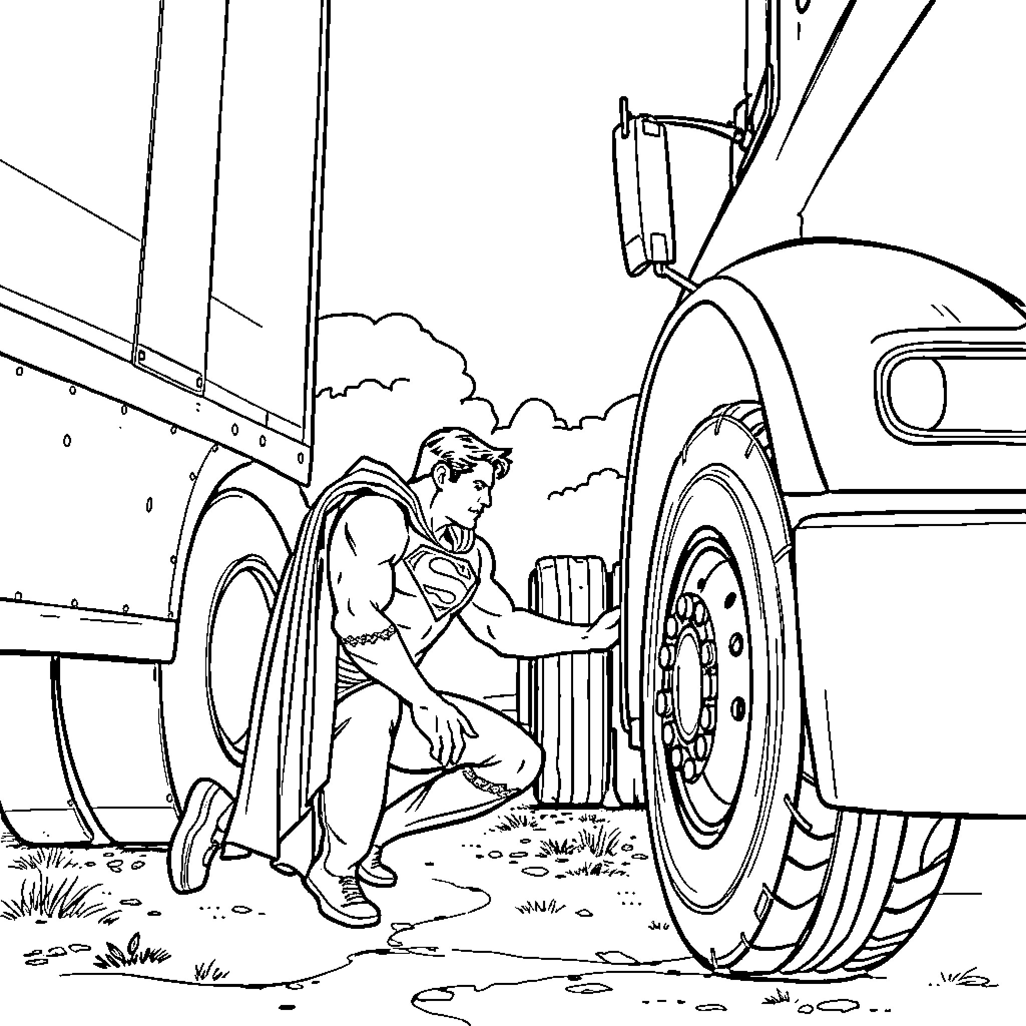 Superman changing tire on the side of the road Coloring Page (free black-and-white line drawing printable PDF for all, from beginners to advanced learners, including children, teens, adults, and seniors)