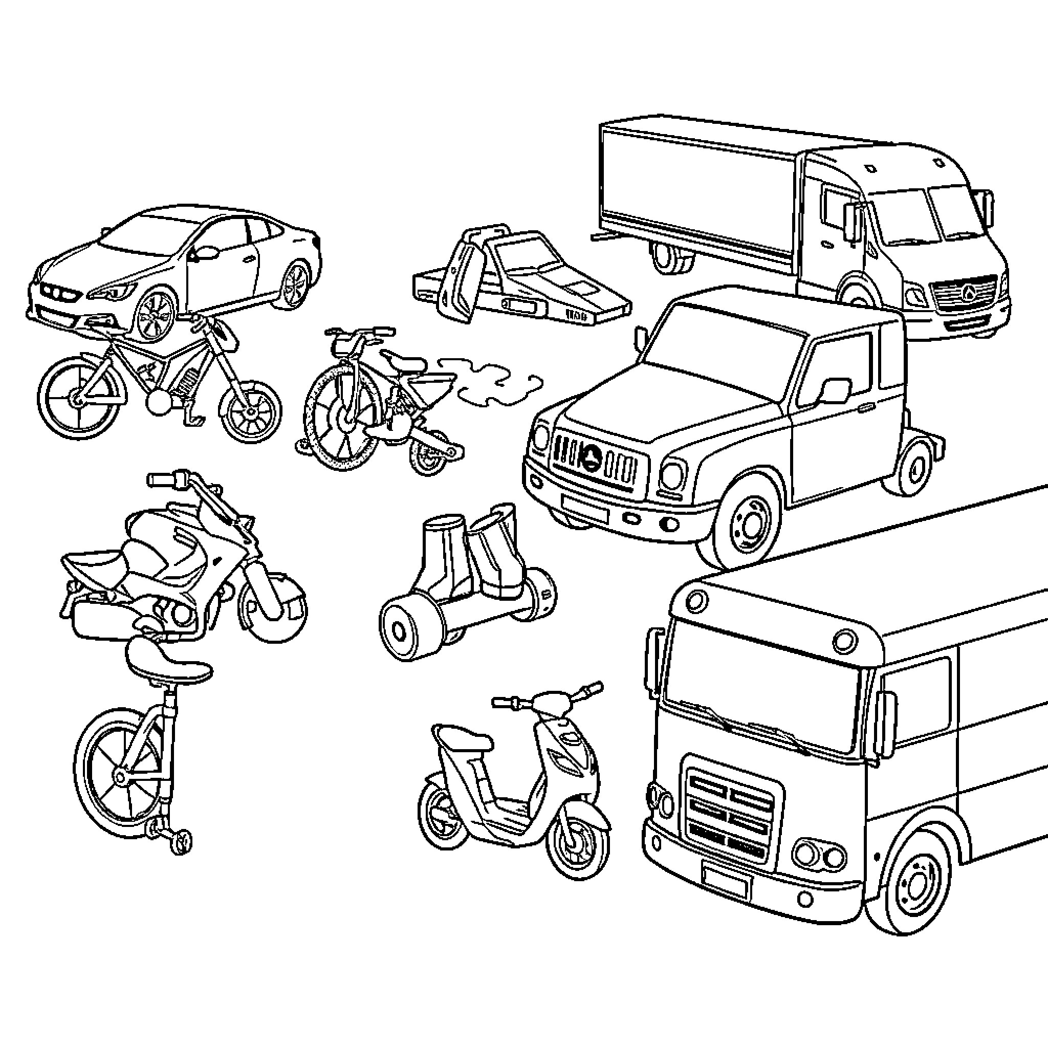 Vehicle Variety: Modes of Transportation Coloring Page (free black-and-white line drawing printable PDF for all, from beginners to advanced learners, including children, teens, adults, and seniors)