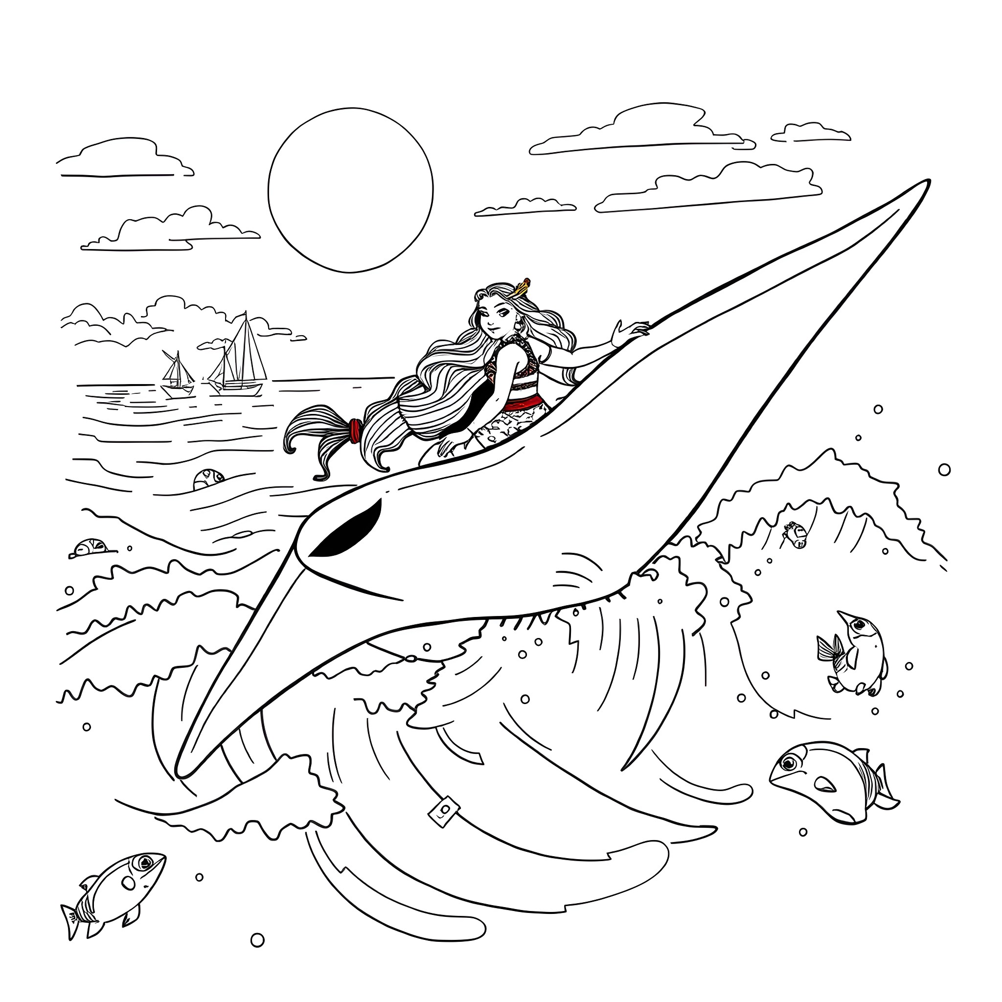 Moana soaring through the waves on a magical journey Coloring Page (free black-and-white line drawing printable PDF for all, from beginners to advanced learners, including children, teens, adults, and seniors)