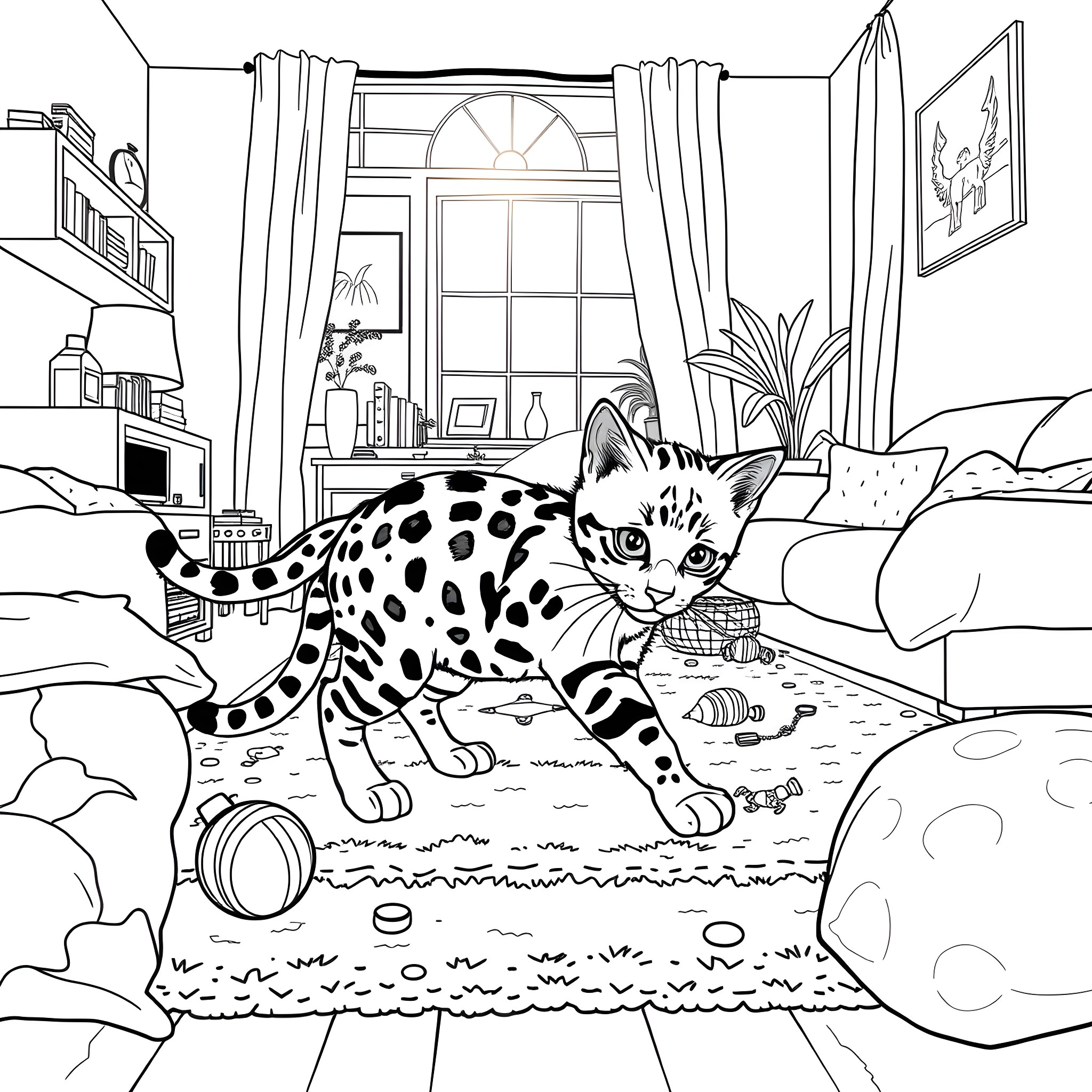 Bengal Kitten Exploring Playful Indoor Scene Coloring Page (free black-and-white line drawing printable PDF for all, from beginners to advanced learners, including children, teens, adults, and seniors)