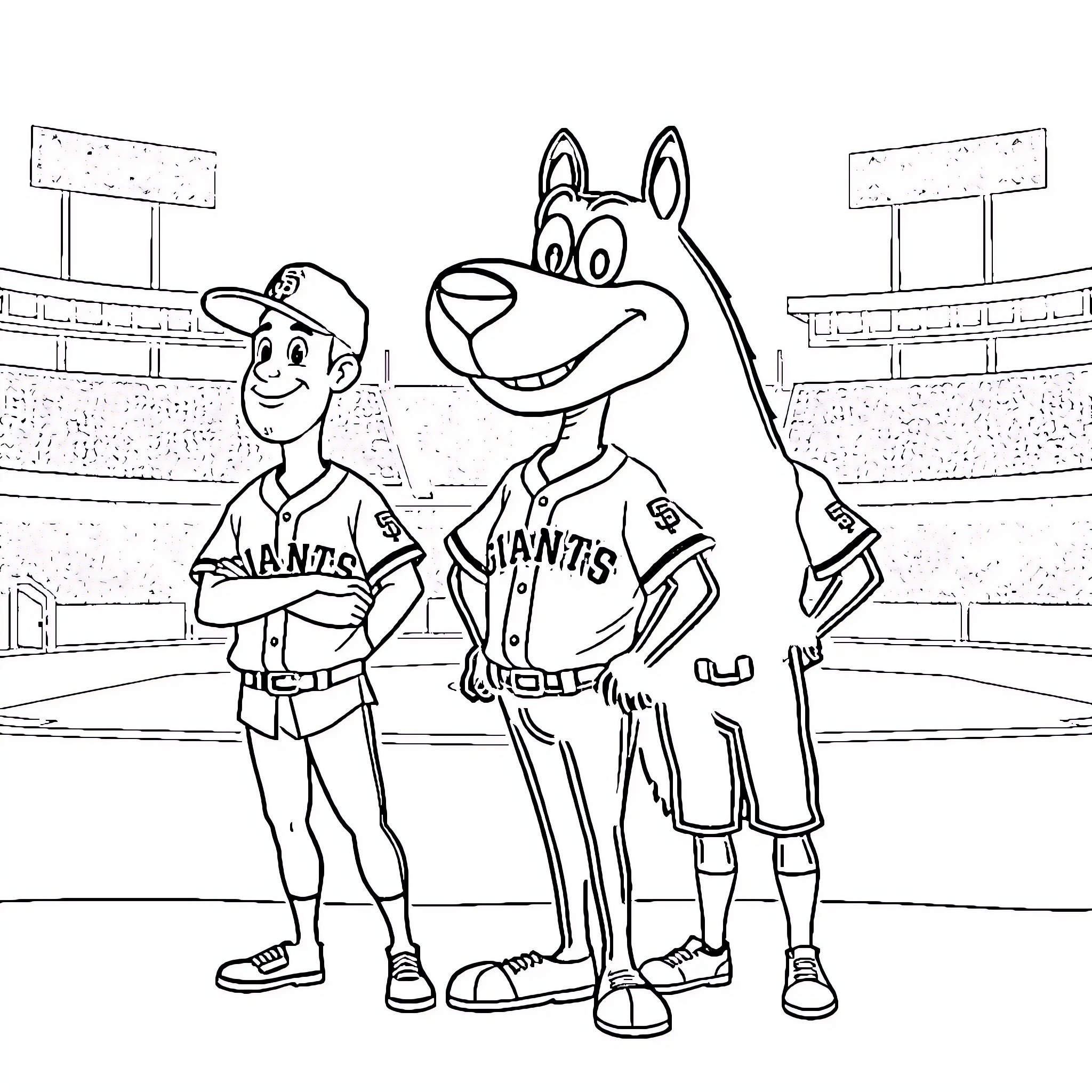 San Francisco Giants mascots in baseball stadium Coloring Page (free black-and-white line drawing printable PDF for all, from beginners to advanced learners, including children, teens, adults, and seniors)