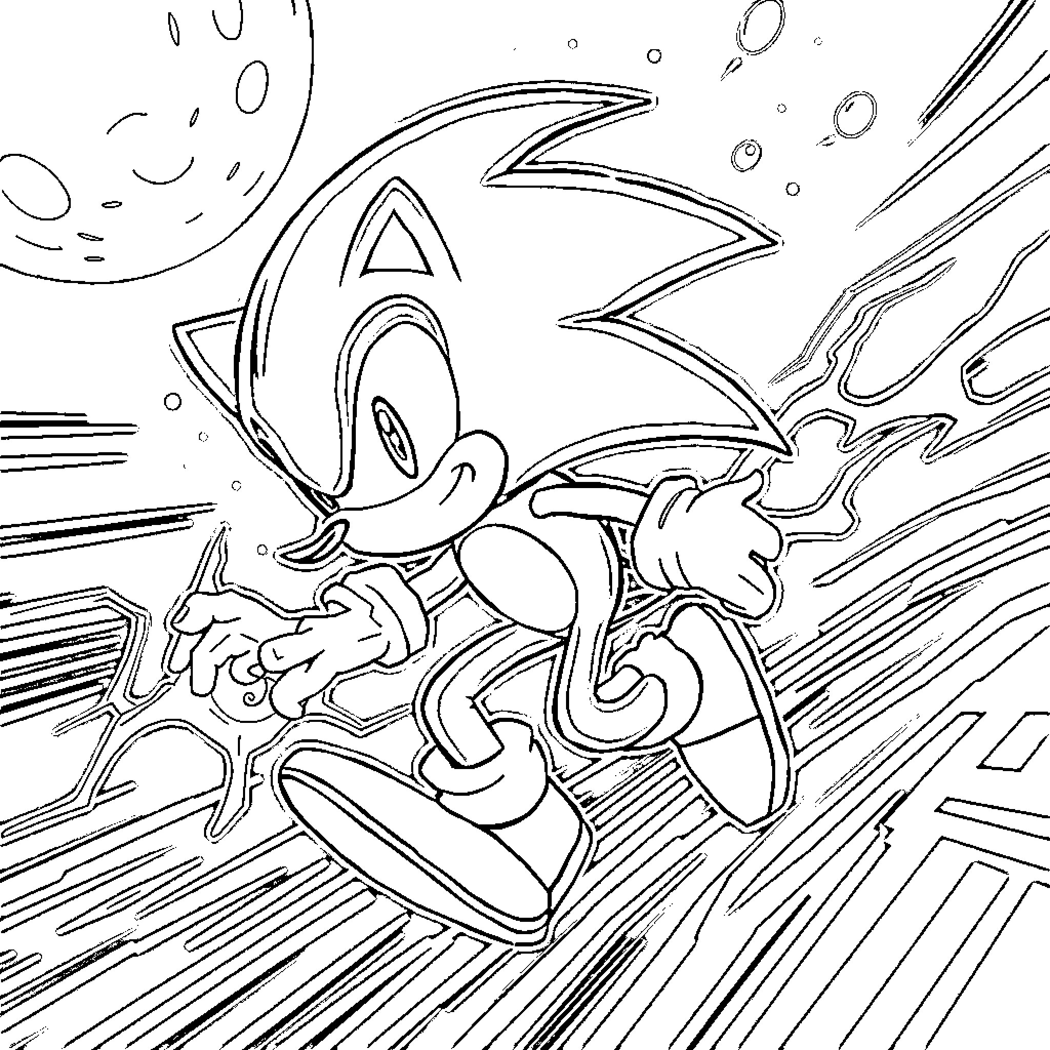 Sonic Dashing Through the Chaos Coloring Page (free black-and-white line drawing printable PDF for all, from beginners to advanced learners, including children, teens, adults, and seniors)