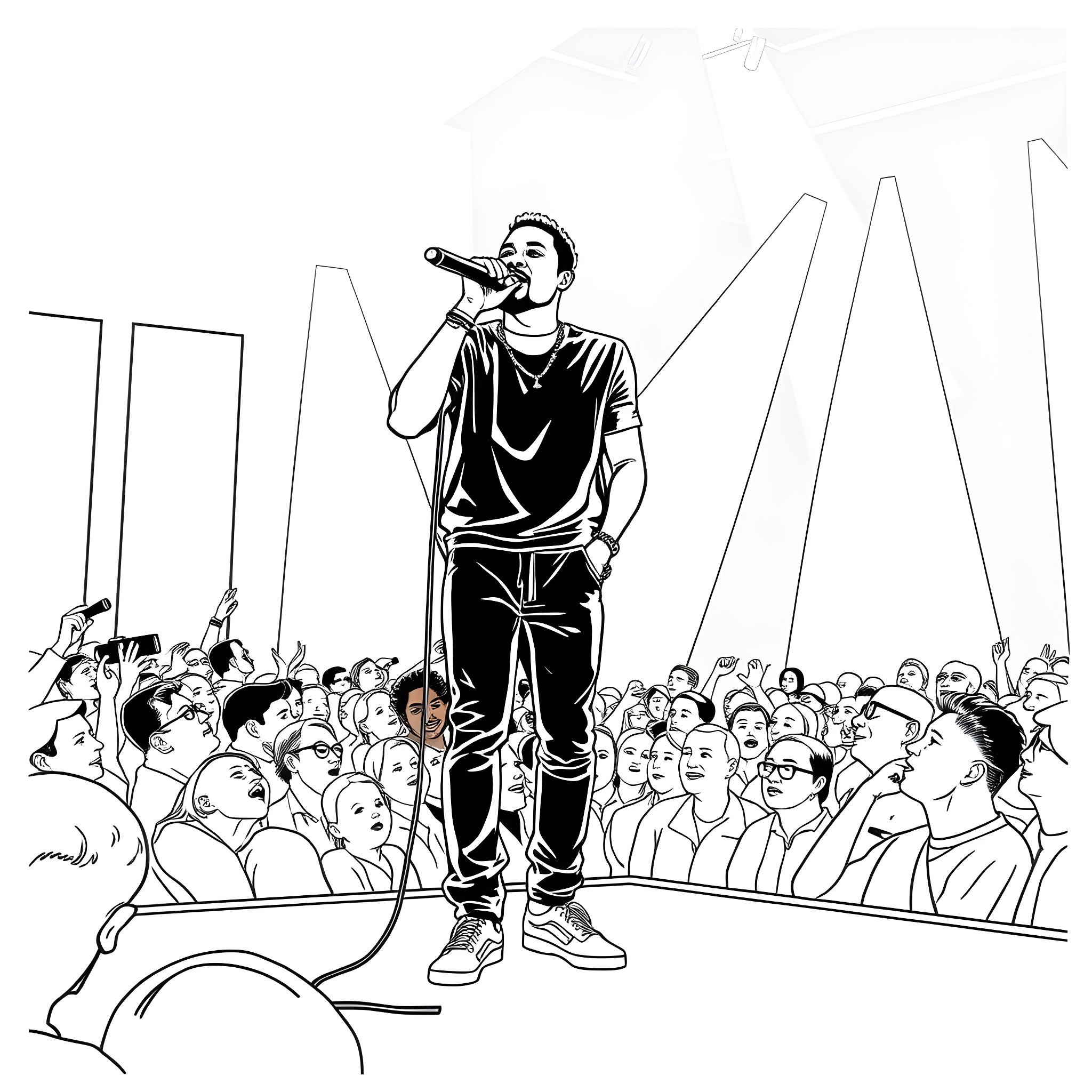 Kendrick Lamar performing on stage for a crowd Coloring Page (free black-and-white line drawing printable PDF for all, from beginners to advanced learners, including children, teens, adults, and seniors)