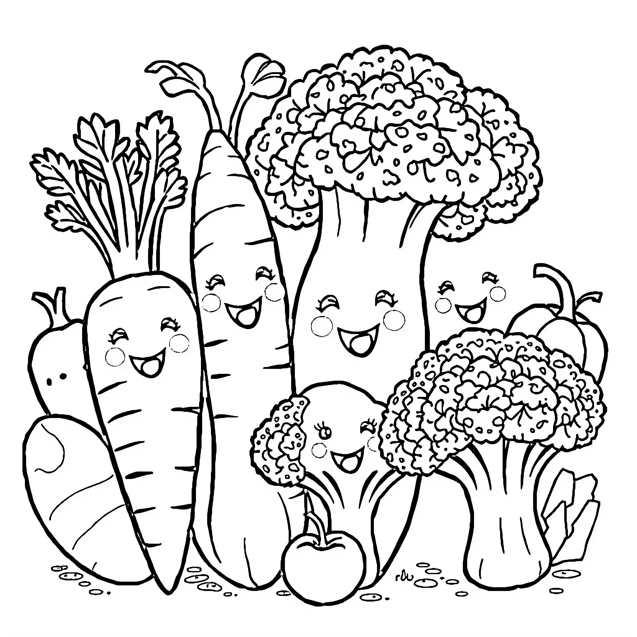 Vegetable Friends Happily Together Coloring Page (free black-and-white line drawing printable PDF for all, from beginners to advanced learners, including children, teens, adults, and seniors)