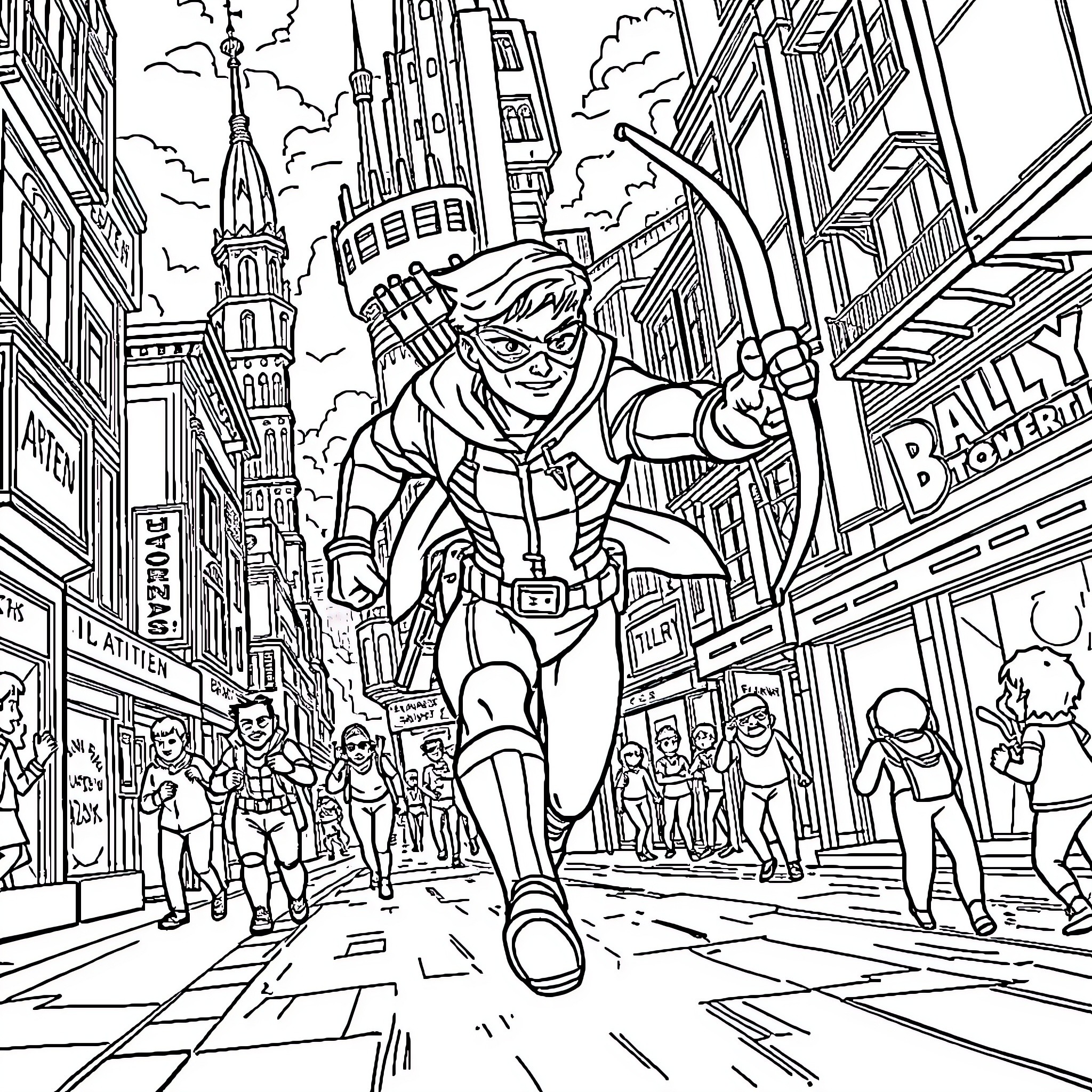 Hawkeye on the move through a bustling city Coloring Page (free black-and-white line drawing printable PDF for all, from beginners to advanced learners, including children, teens, adults, and seniors)