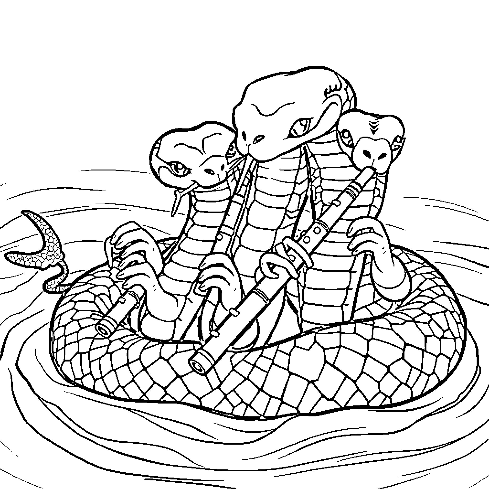 Snake Trio Relaxing on a Cozy Raft Coloring Page (free black-and-white line drawing printable PDF for all, from beginners to advanced learners, including children, teens, adults, and seniors)