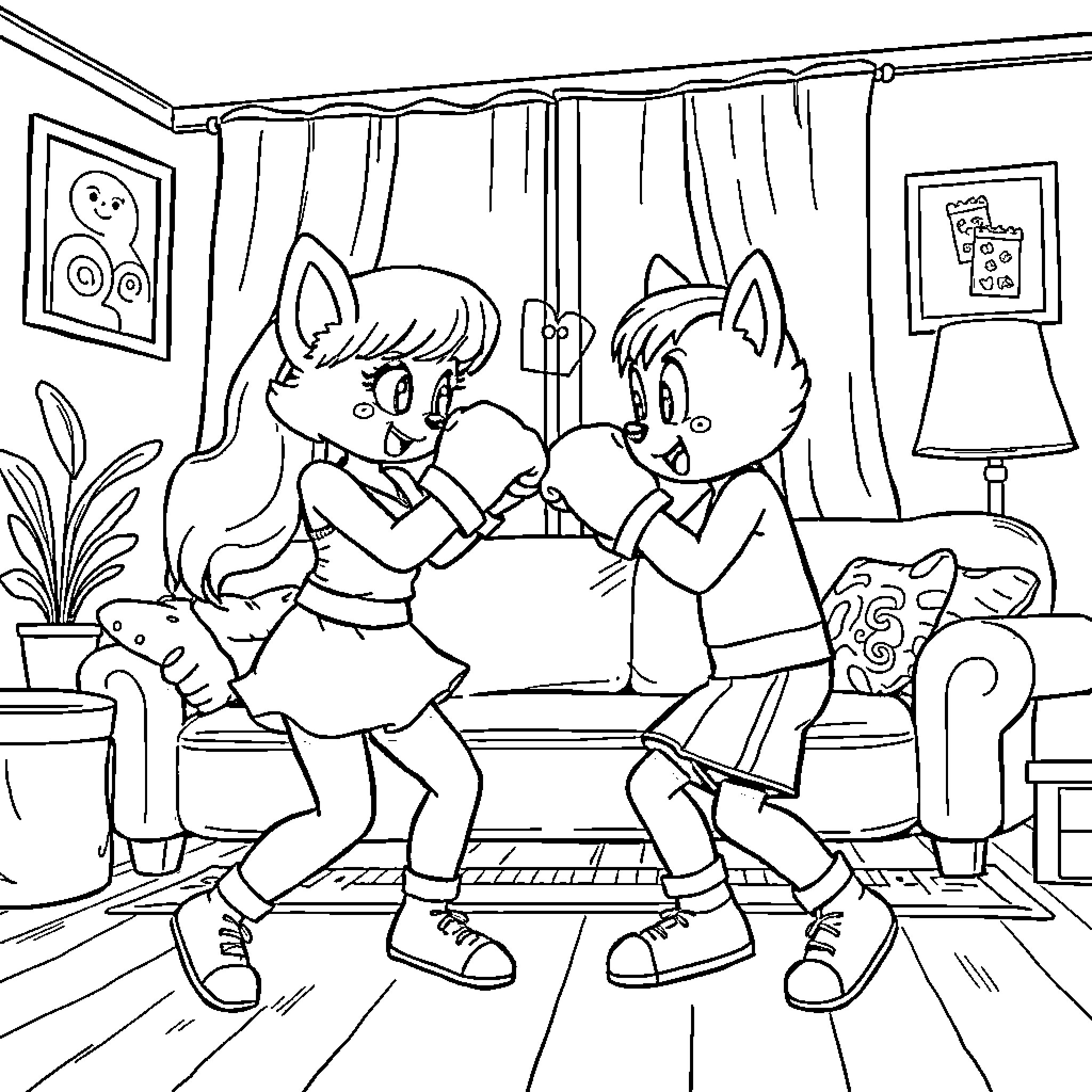 Bluey and friend playing happily indoors Coloring Page (free black-and-white line drawing printable PDF for all, from beginners to advanced learners, including children, teens, adults, and seniors)