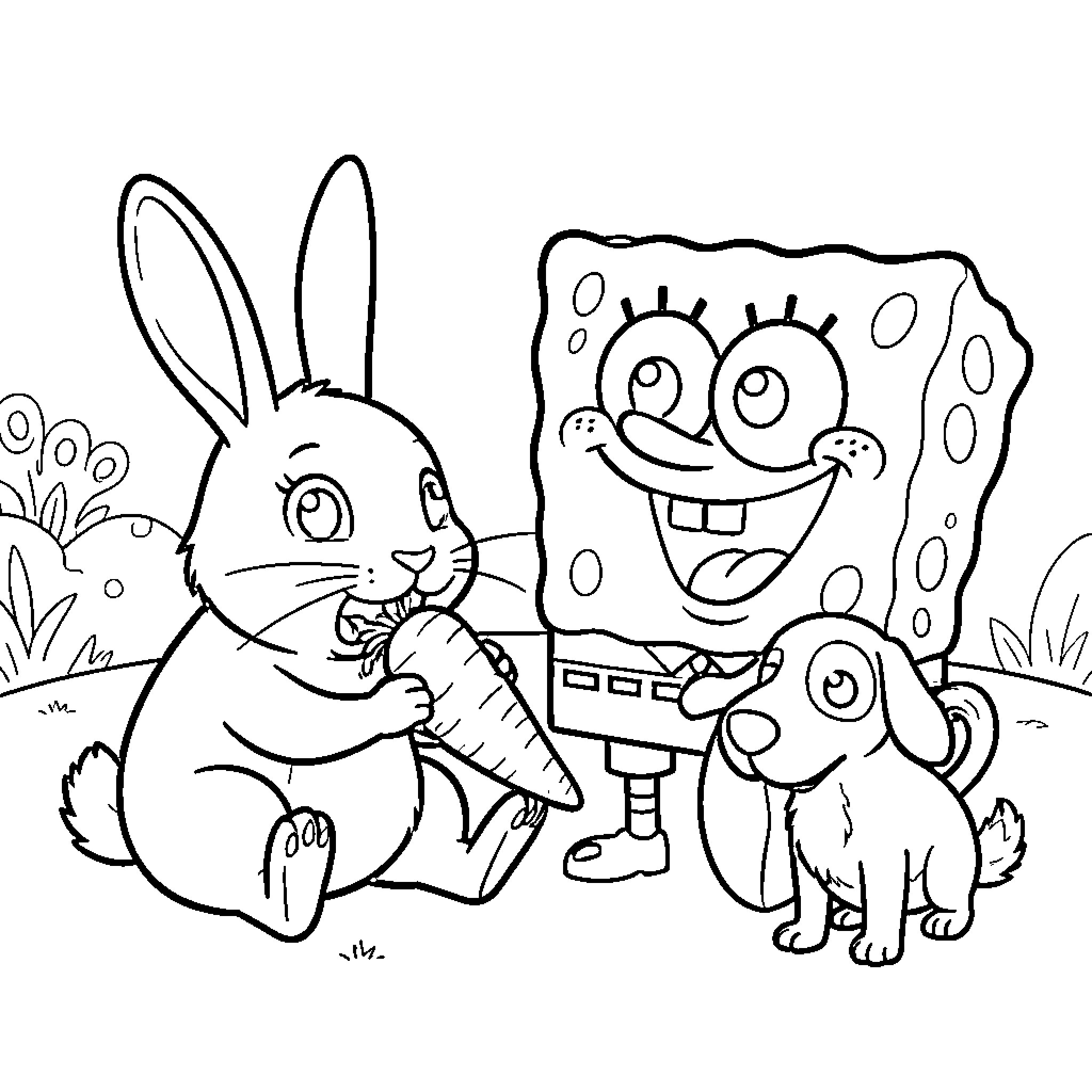 Rabbit eating a carrot alongside SpongeBob and a puppy Coloring Page (free black-and-white line drawing printable PDF for all, from beginners to advanced learners, including children, teens, adults, and seniors)