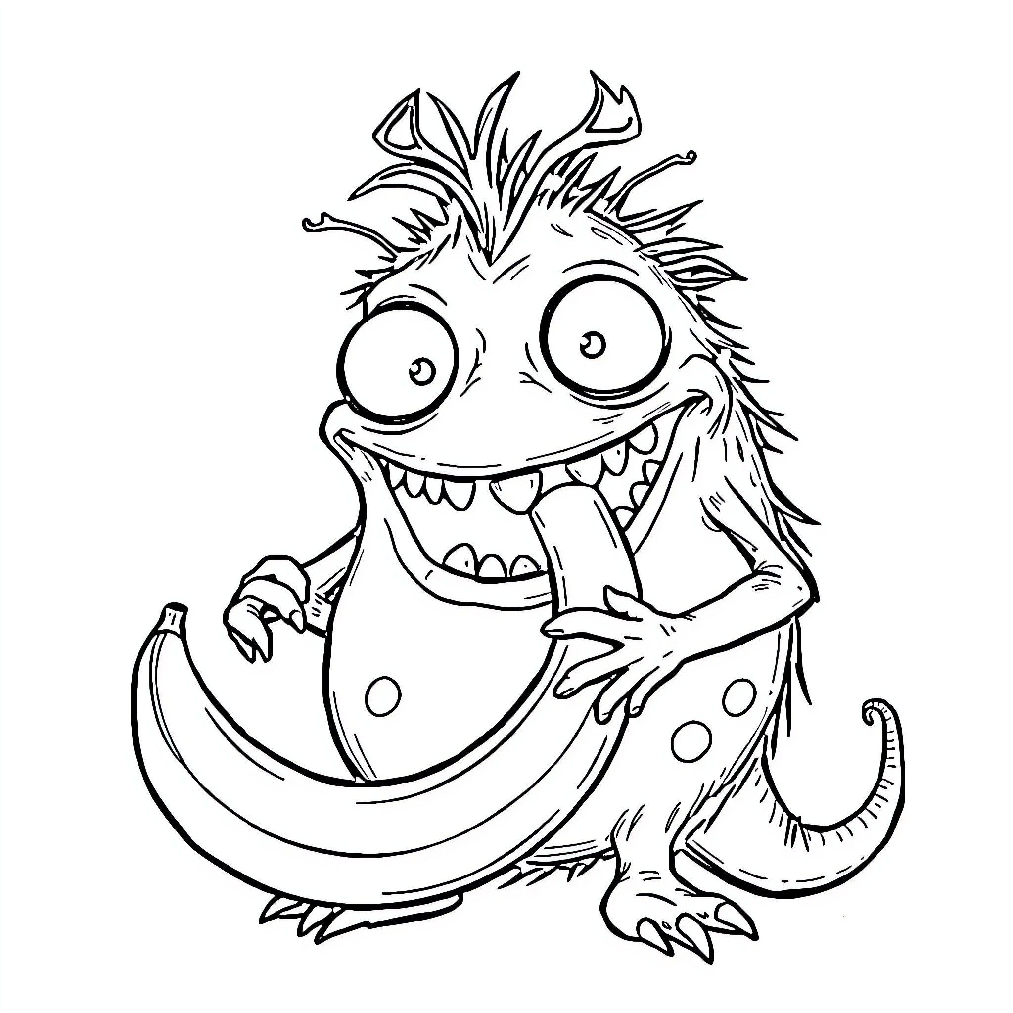 Fart Monster with Crazy Appearance and Goofy Expression Coloring Page (free black-and-white line drawing printable PDF for all, from beginners to advanced learners, including children, teens, adults, and seniors)