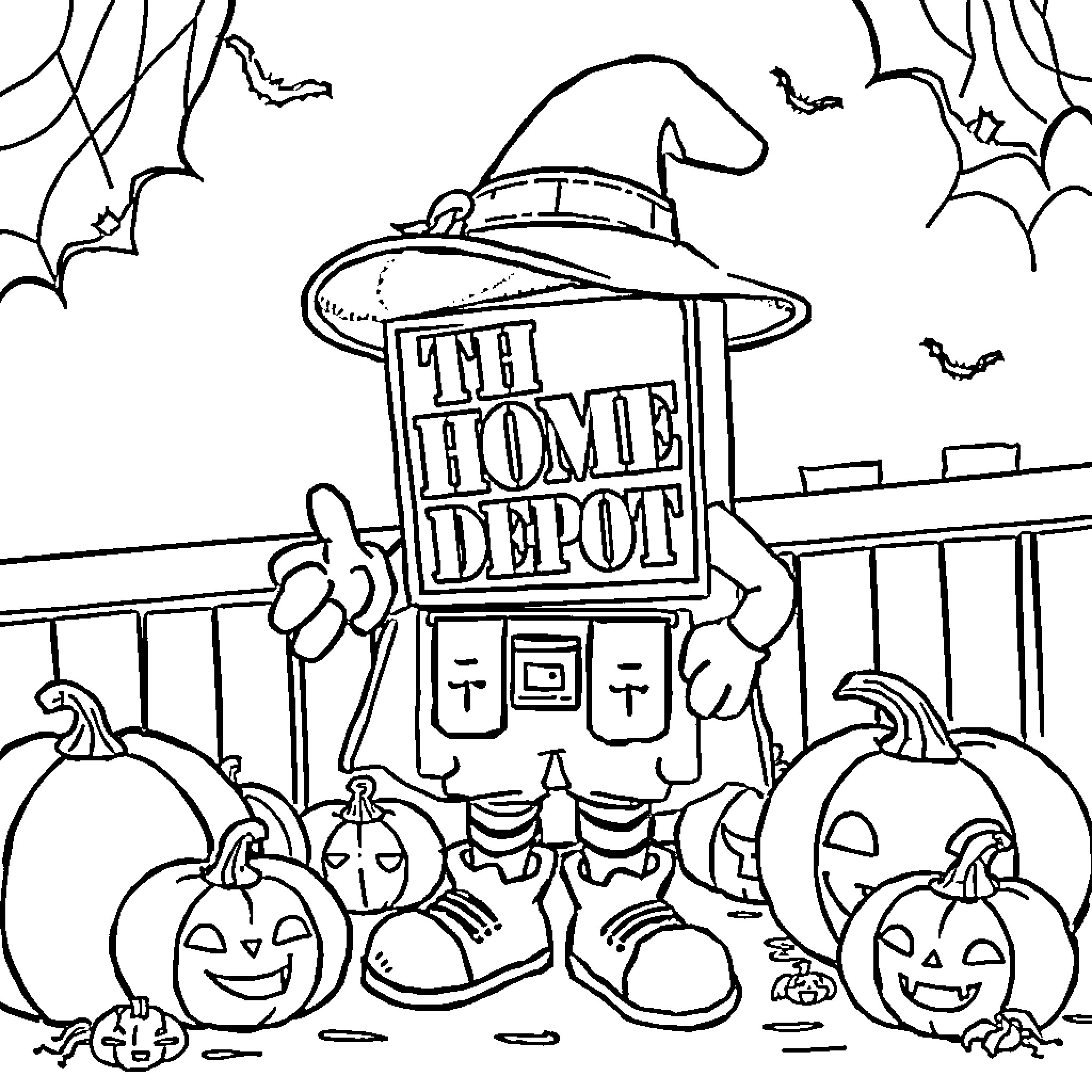 Home Depot Mascot Celebrating Halloween with Pumpkins and Bats Coloring Page (free black-and-white line drawing printable PDF for all, from beginners to advanced learners, including children, teens, adults, and seniors)