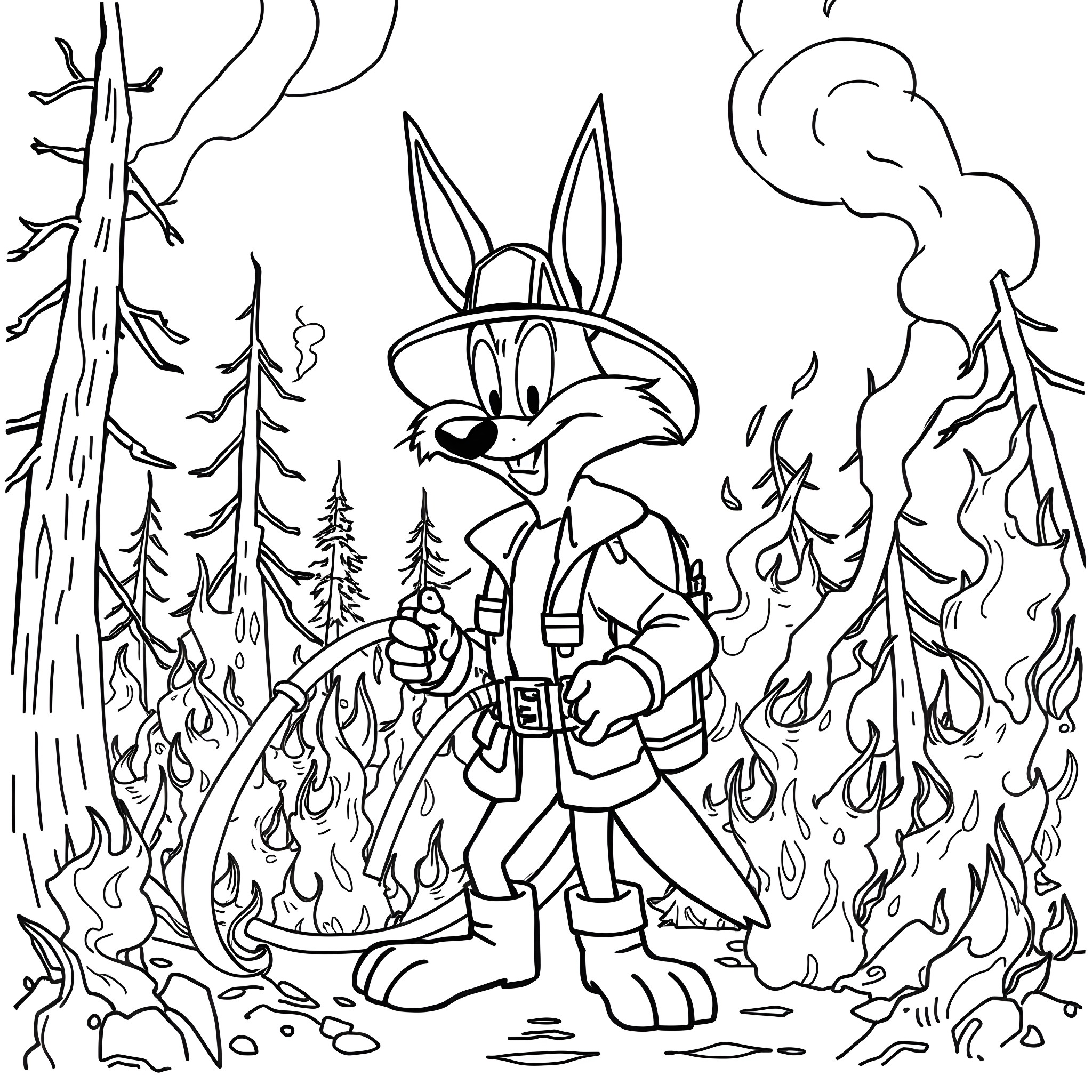 Coyote Fights the Forest Fire Coloring Page (free black-and-white line drawing printable PDF for all, from beginners to advanced learners, including children, teens, adults, and seniors)