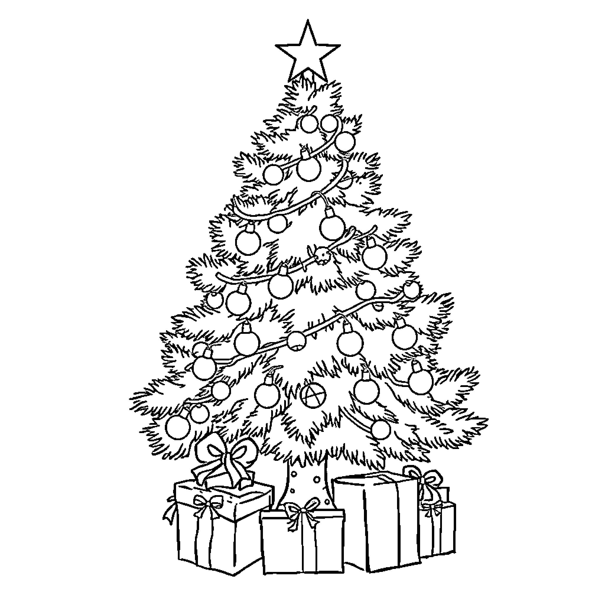 Christmas tree decorated with ornaments and gifts Coloring Page (free black-and-white line drawing printable PDF for all, from beginners to advanced learners, including children, teens, adults, and seniors)