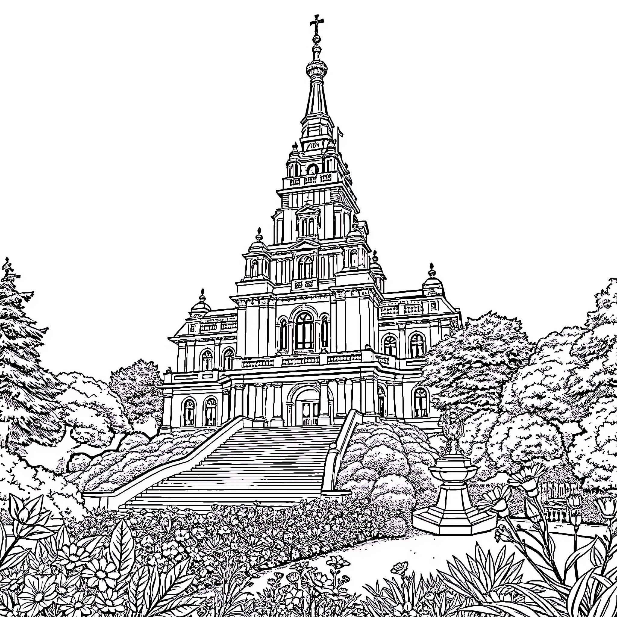 Temple with ornate architecture amidst lush foliage Coloring Page (free black-and-white line drawing printable PDF for all, from beginners to advanced learners, including children, teens, adults, and seniors)