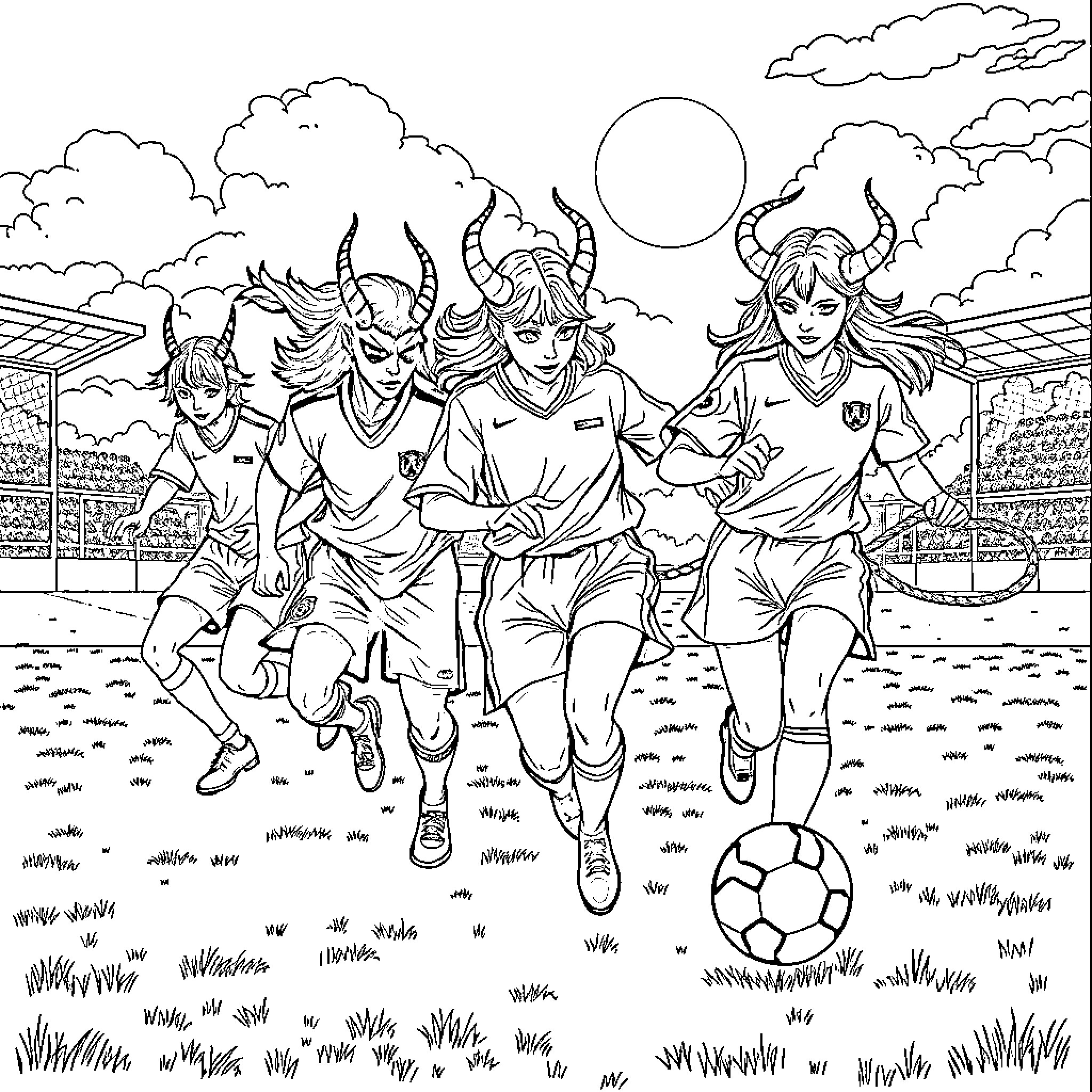 Demon Hunter Soccer Players Competing on the Field Coloring Page (free black-and-white line drawing printable PDF for all, from beginners to advanced learners, including children, teens, adults, and seniors)