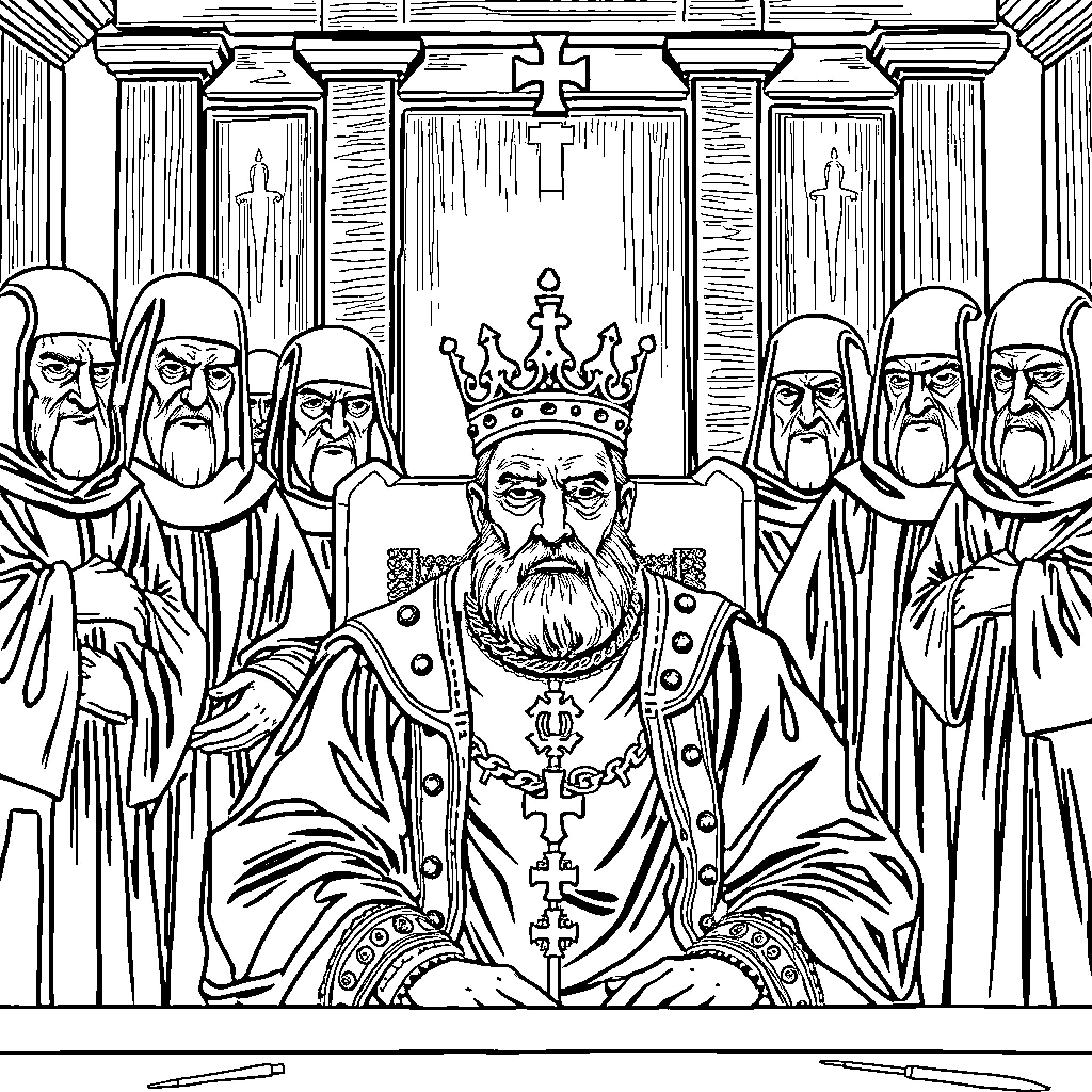 Rey Presiding Over a Council of Religious Figures Coloring Page (free black-and-white line drawing printable PDF for all, from beginners to advanced learners, including children, teens, adults, and seniors)