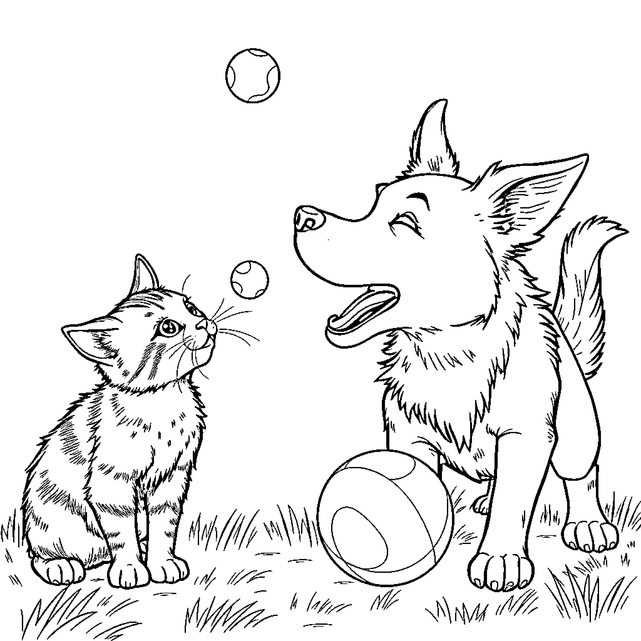 Dog and Cat Playing with Balls in the Yard Coloring Page (free black-and-white line drawing printable PDF for all, from beginners to advanced learners, including children, teens, adults, and seniors)