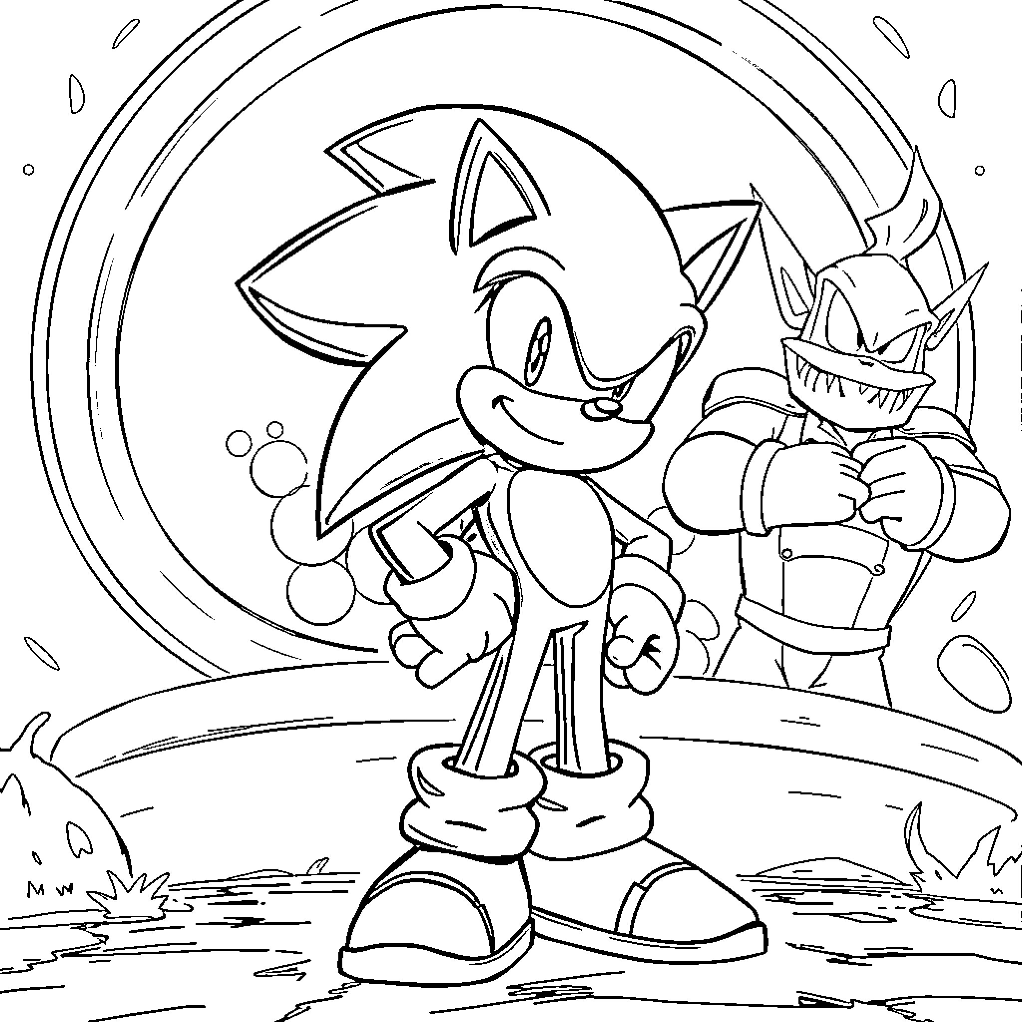 Sonic and his foe engaged in a dynamic scene Coloring Page (free black-and-white line drawing printable PDF for all, from beginners to advanced learners, including children, teens, adults, and seniors)