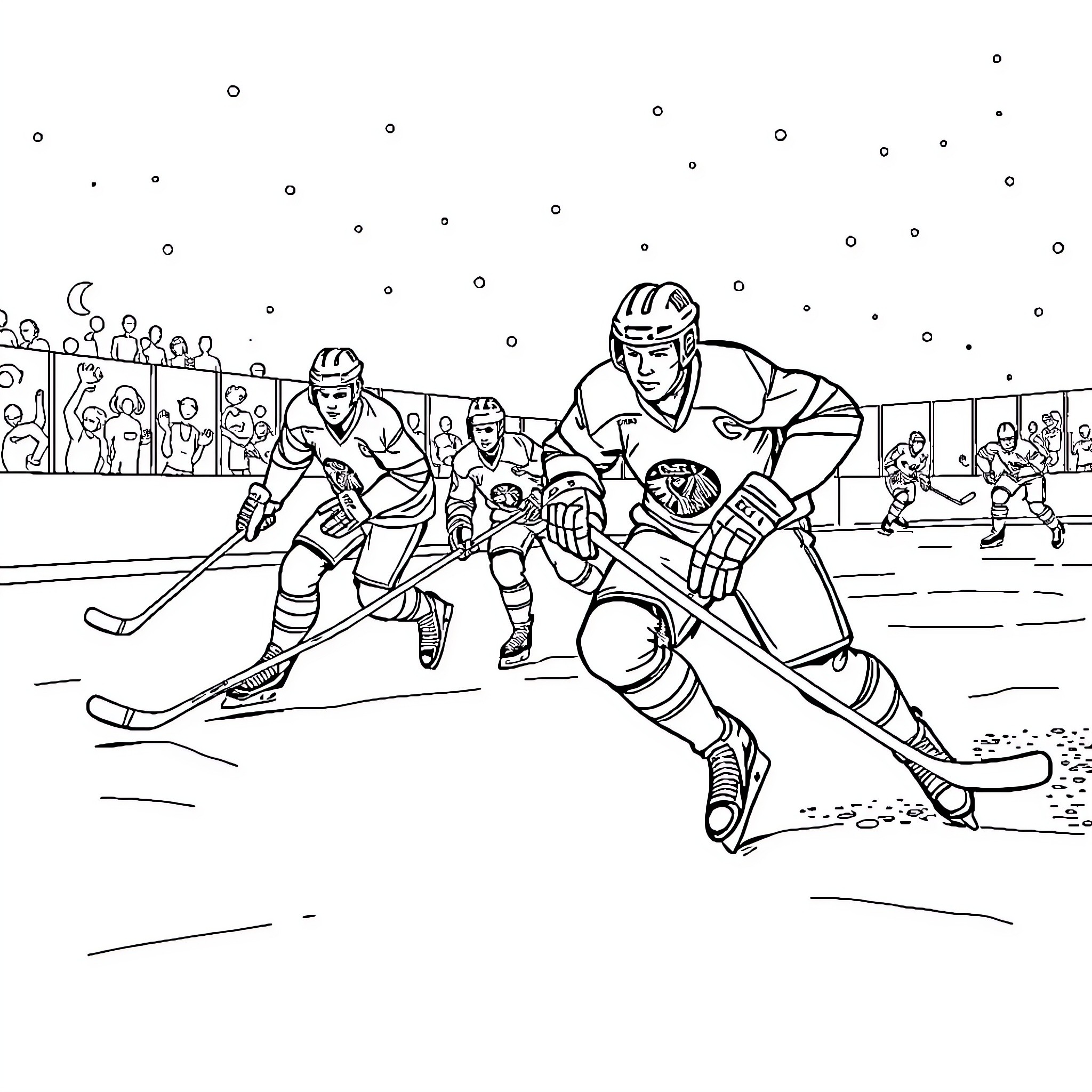 Ice Hockey Players in Action on the Rink Coloring Page (free black-and-white line drawing printable PDF for all, from beginners to advanced learners, including children, teens, adults, and seniors)