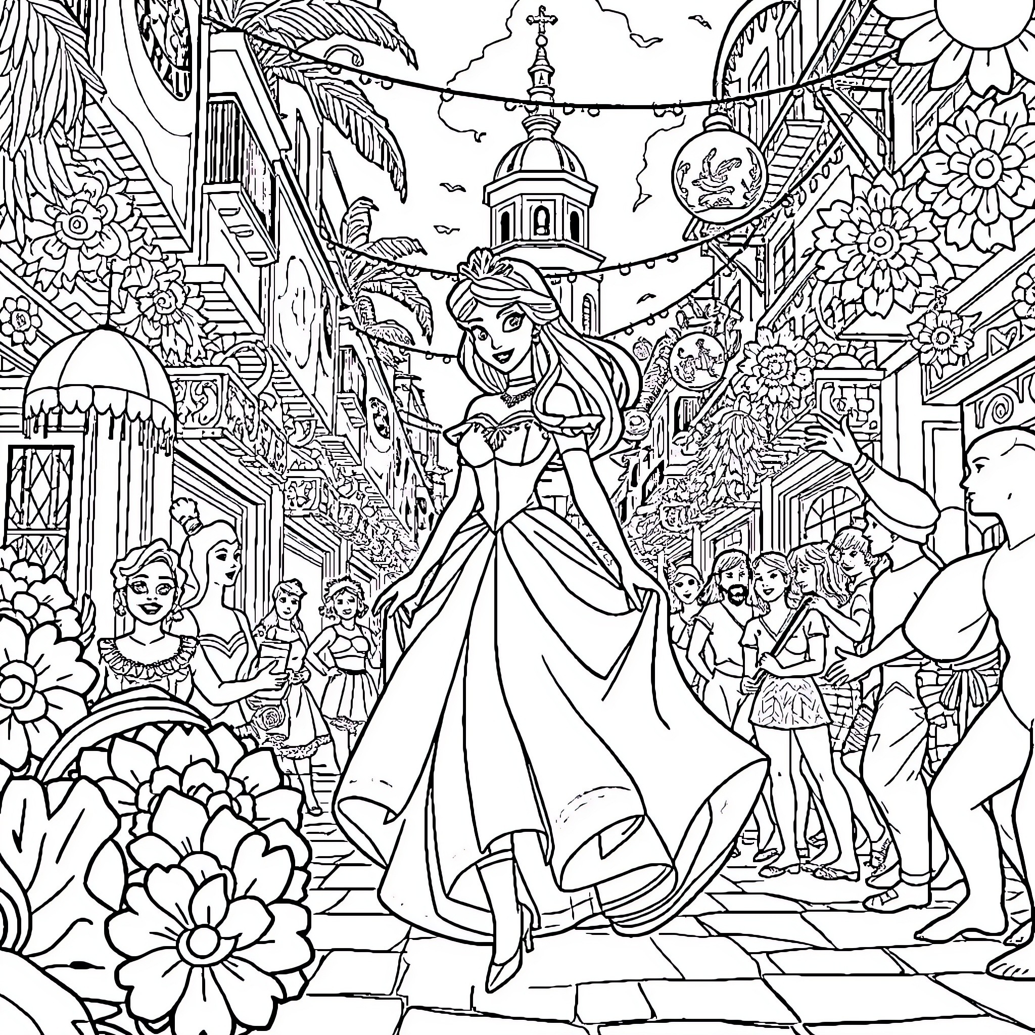 Disney Princess Exploring a Vibrant Marketplace Coloring Page (free black-and-white line drawing printable PDF for all, from beginners to advanced learners, including children, teens, adults, and seniors)