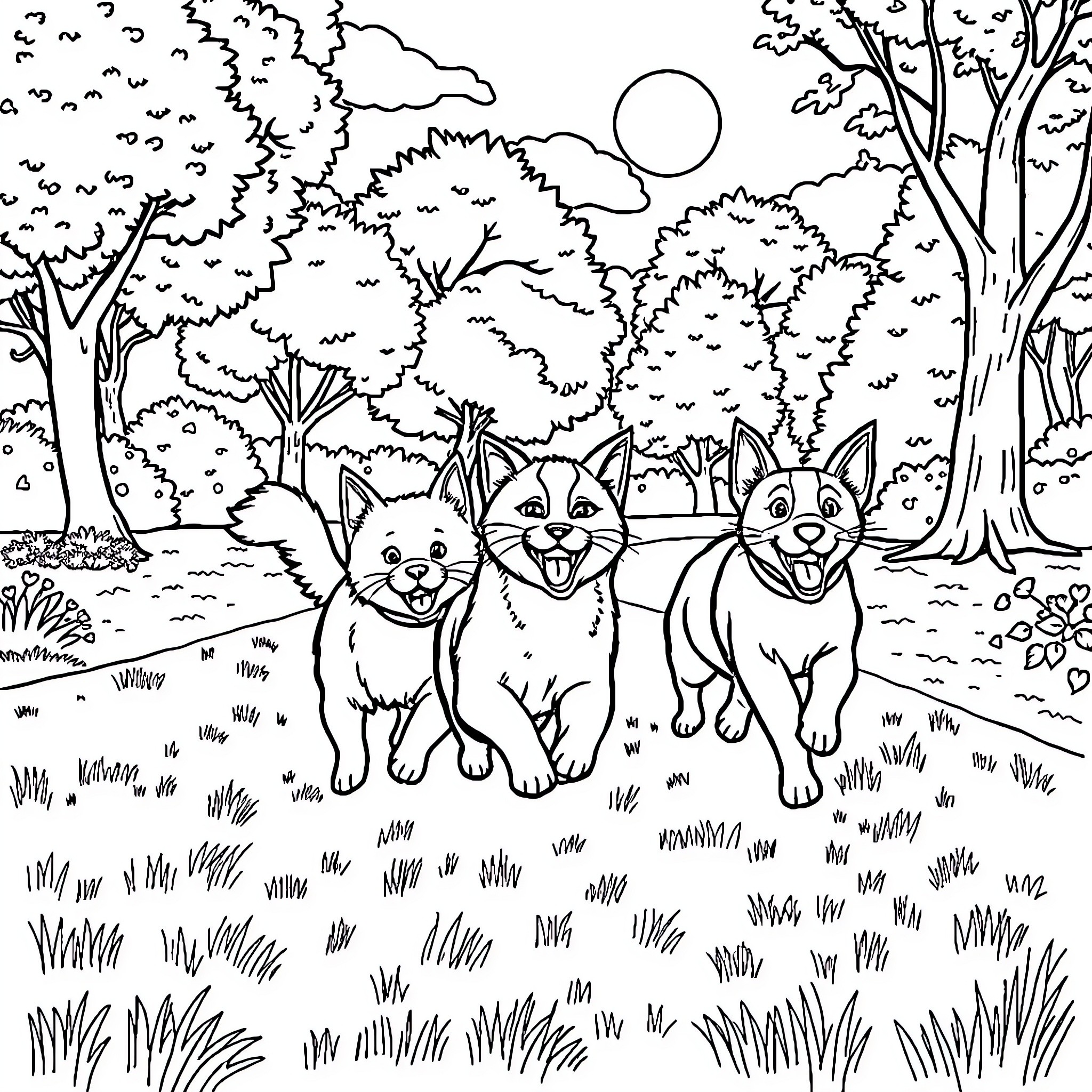 Cat and Dog Playing in the Forest Coloring Page (free black-and-white line drawing printable PDF for all, from beginners to advanced learners, including children, teens, adults, and seniors)
