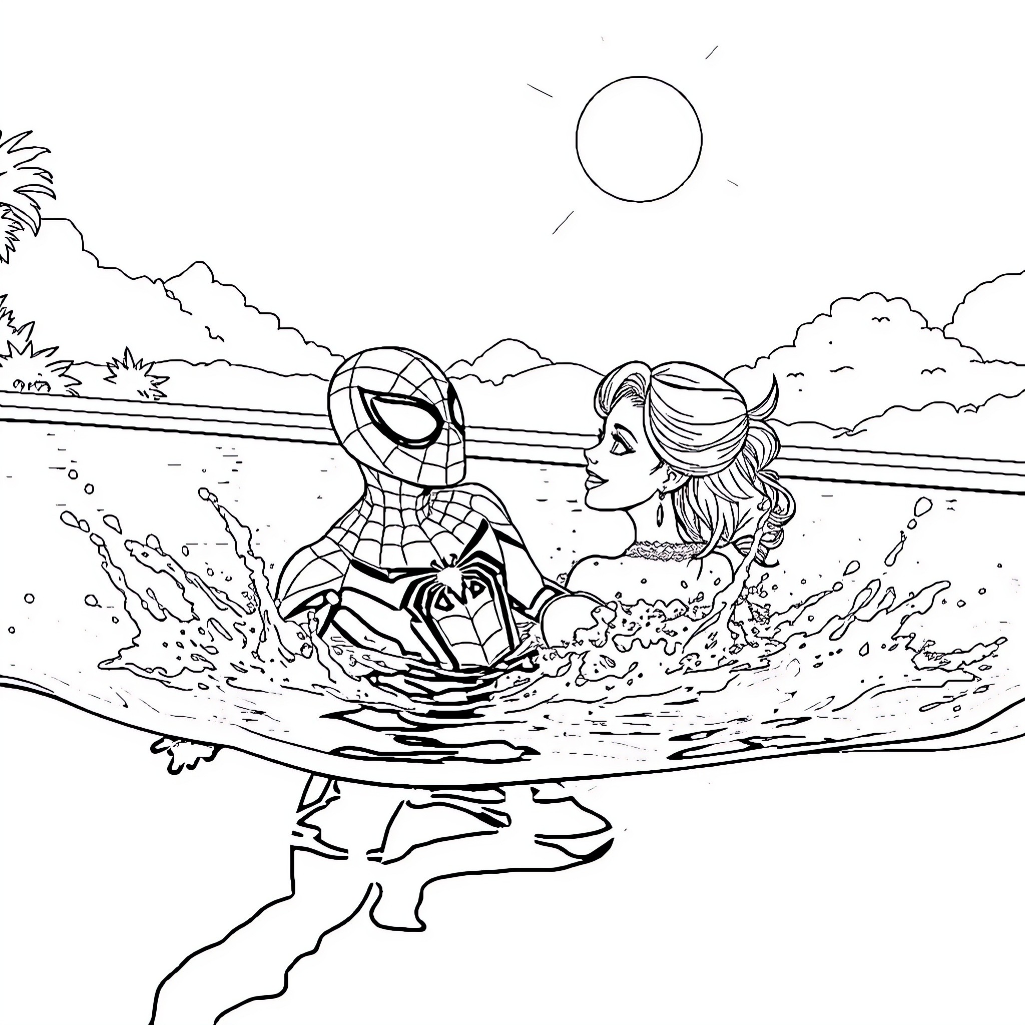 Spiderman swimming with a girl in the water Coloring Page (free black-and-white line drawing printable PDF for all, from beginners to advanced learners, including children, teens, adults, and seniors)