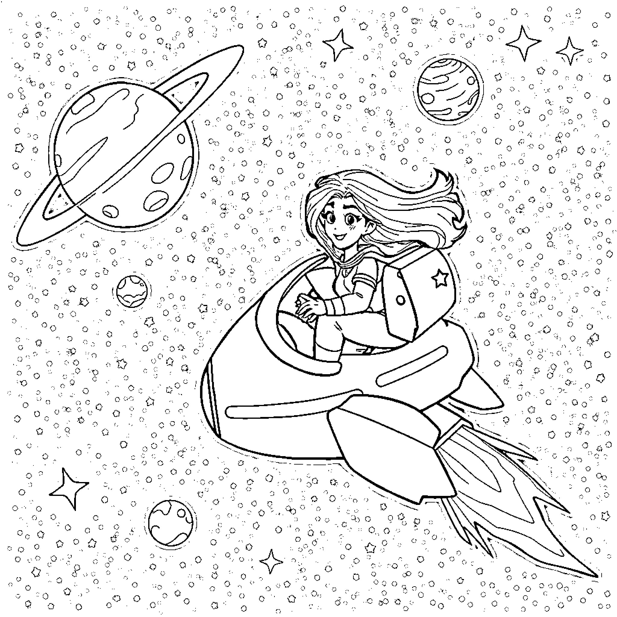 Carolina's Cosmic Adventure Coloring Page (free black-and-white line drawing printable PDF for all, from beginners to advanced learners, including children, teens, adults, and seniors)