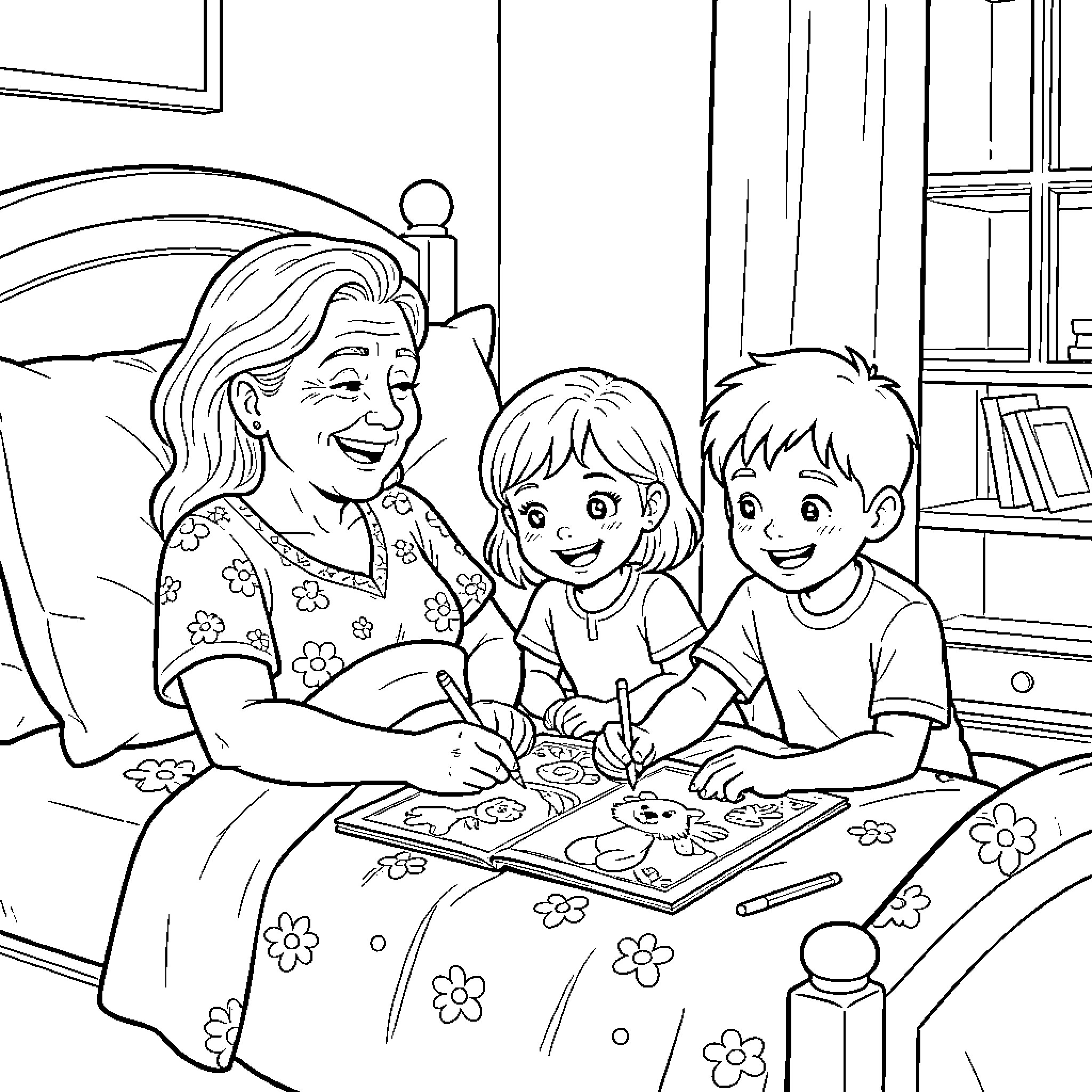 Grandmother reading a storybook to her two grandchildren Coloring Page (free black-and-white line drawing printable PDF for all, from beginners to advanced learners, including children, teens, adults, and seniors)