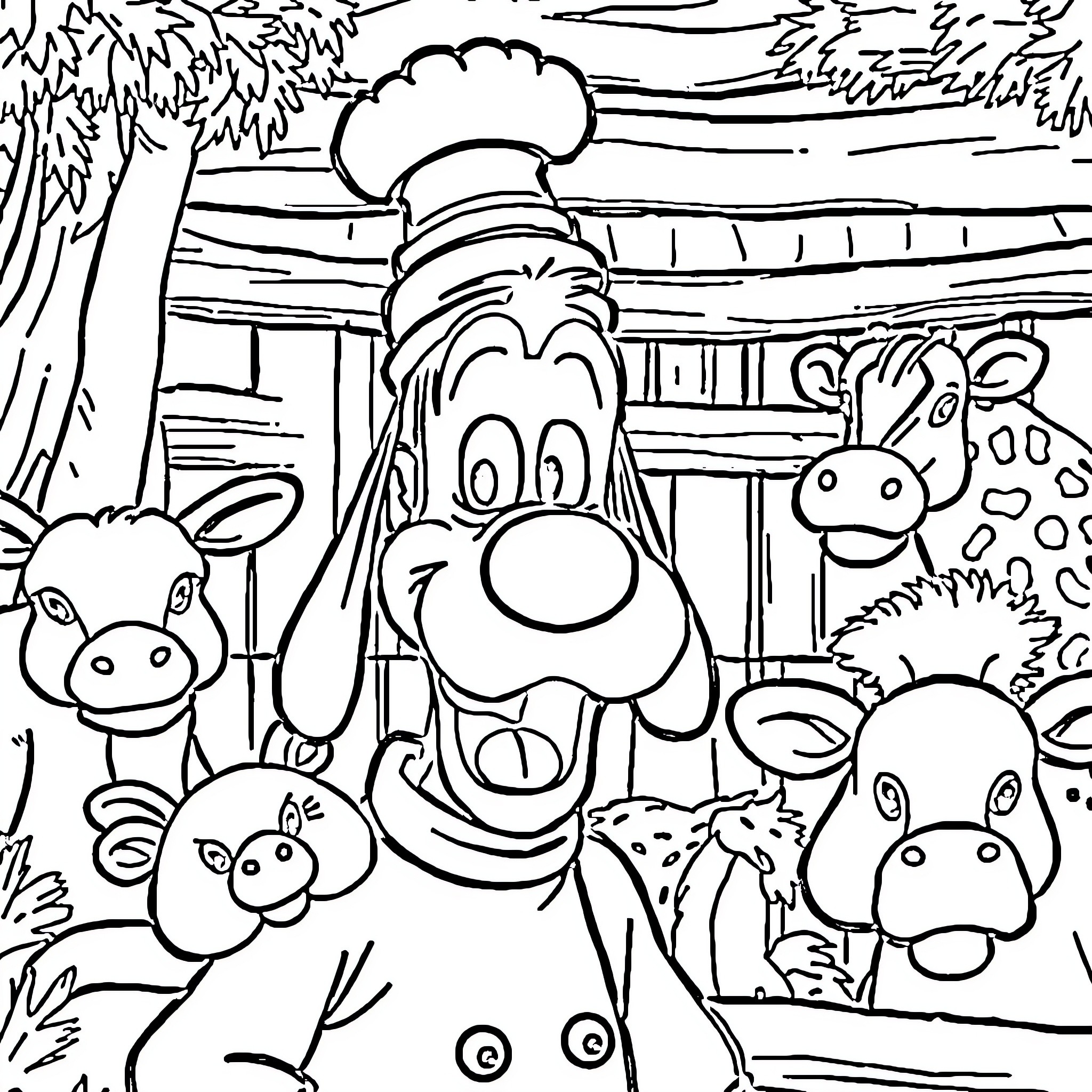 Goofy chef surrounded by silly farm animals Coloring Page (free black-and-white line drawing printable PDF for all, from beginners to advanced learners, including children, teens, adults, and seniors)