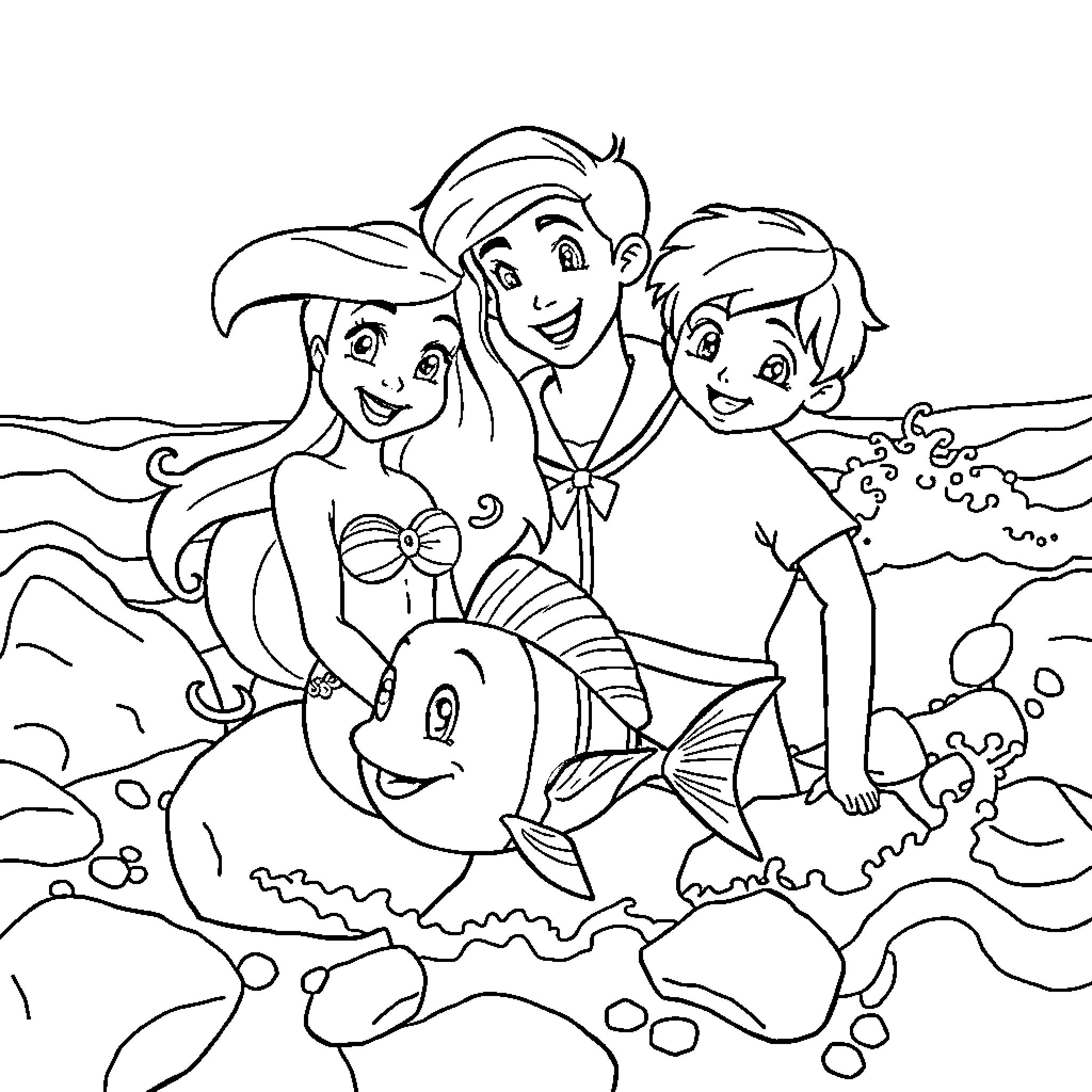 Ariel and friends enjoying an underwater adventure Coloring Page (free black-and-white line drawing printable PDF for all, from beginners to advanced learners, including children, teens, adults, and seniors)