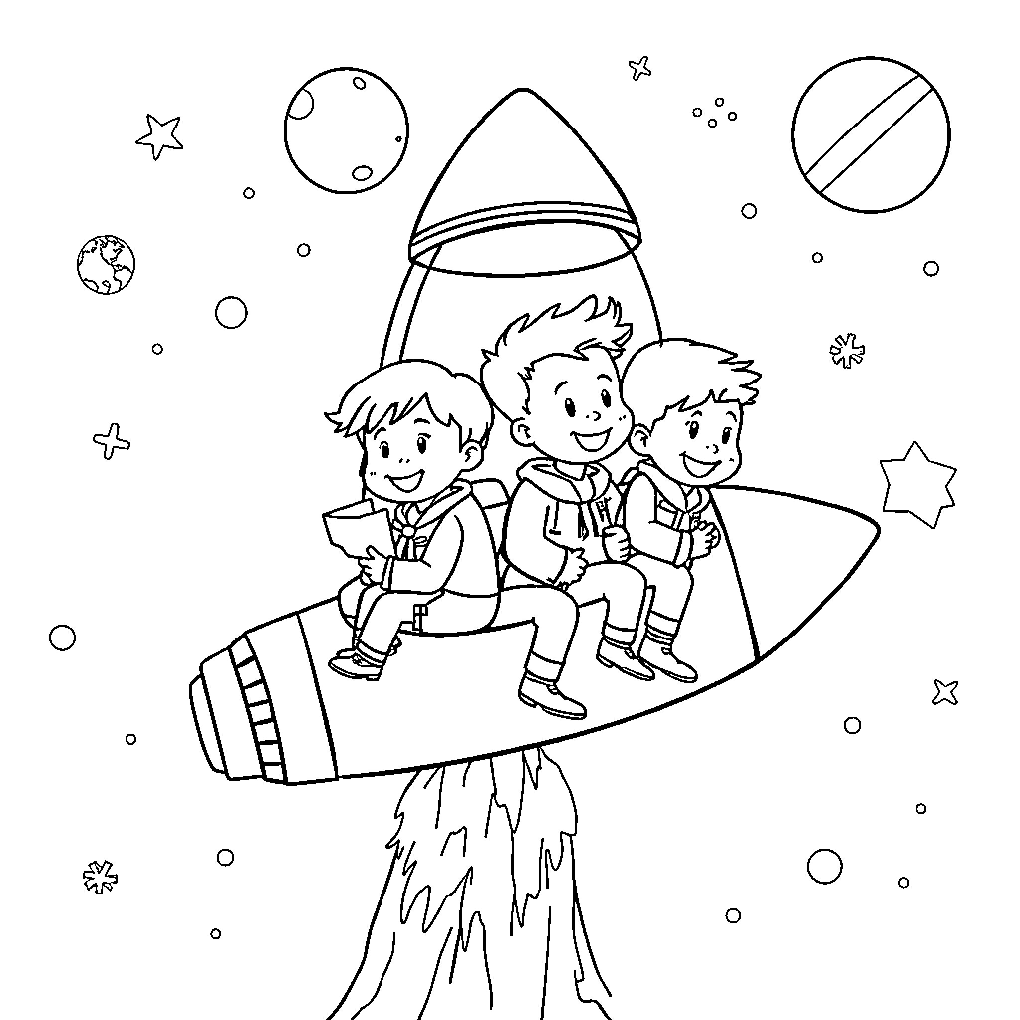 Little Einsteins blasting off on a rocket ship adventure Coloring Page (free black-and-white line drawing printable PDF for all, from beginners to advanced learners, including children, teens, adults, and seniors)