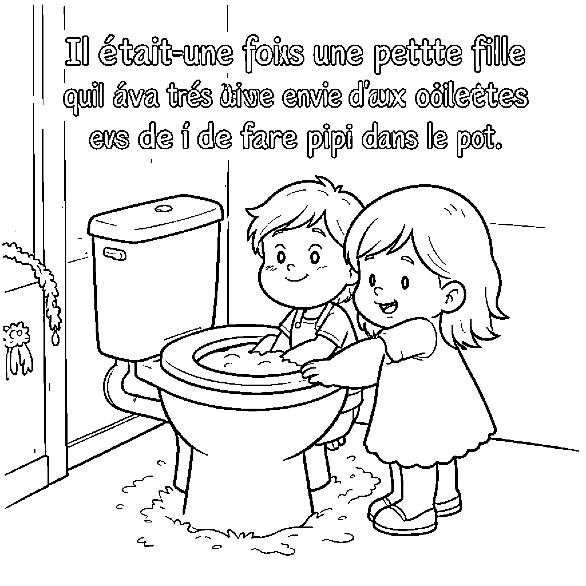 Fille and boy standing near a toilet Coloring Page (free black-and-white line drawing printable PDF for all, from beginners to advanced learners, including children, teens, adults, and seniors)