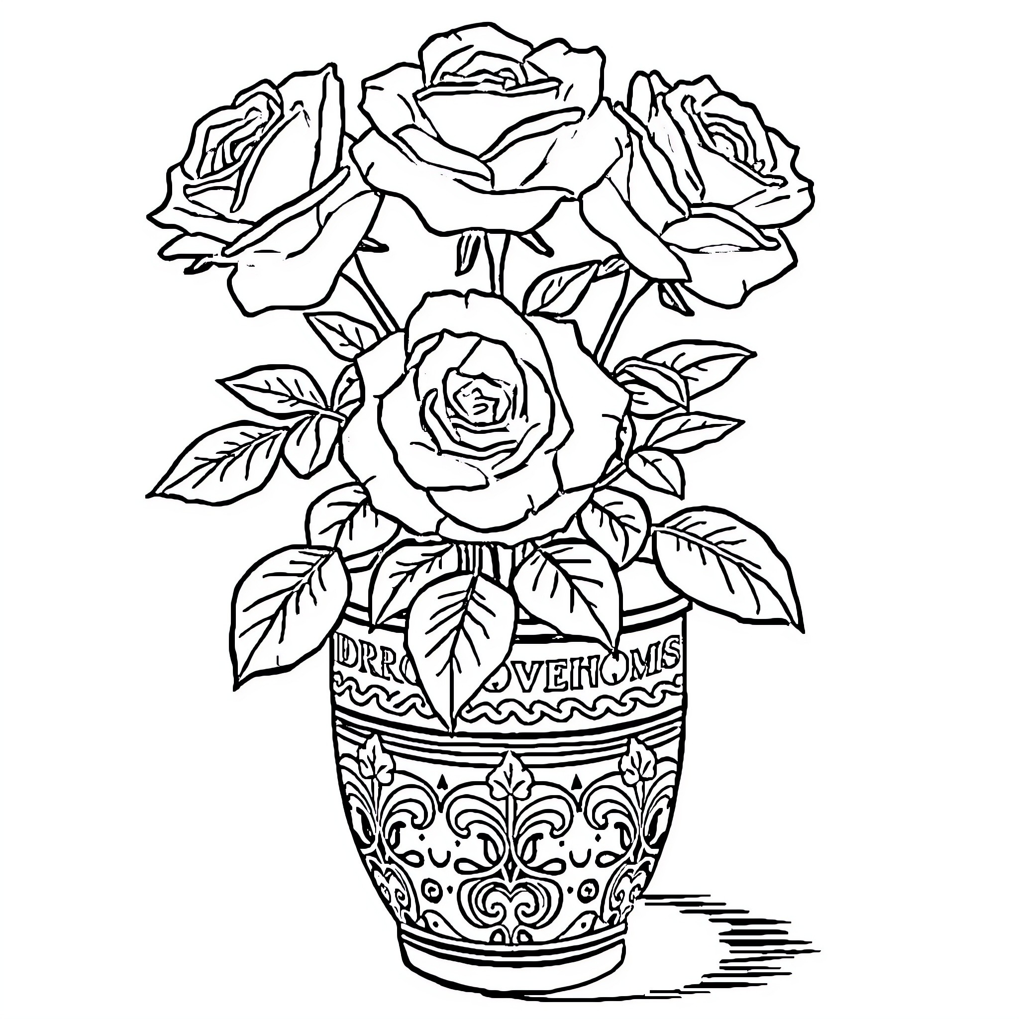 Rose bouquet in a decorative vase Coloring Page (free black-and-white line drawing printable PDF for all, from beginners to advanced learners, including children, teens, adults, and seniors)