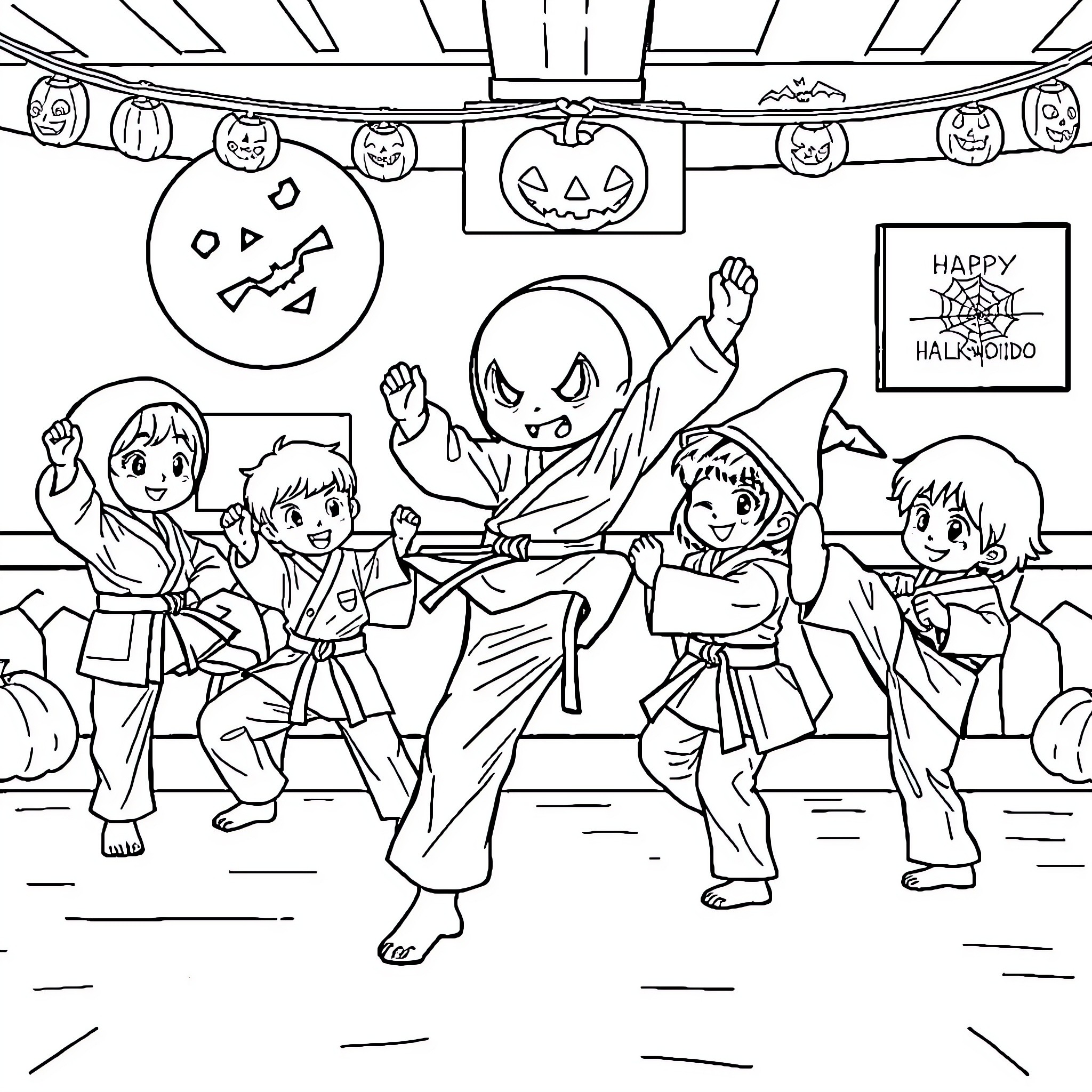Halloween Taekwondo: Kids Practicing Martial Arts in Costume Coloring Page (free black-and-white line drawing printable PDF for all, from beginners to advanced learners, including children, teens, adults, and seniors)