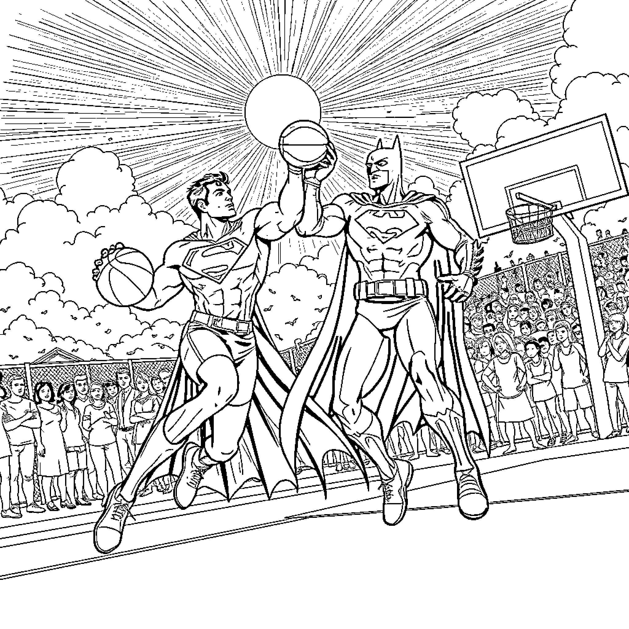 Superman and Batman in action with crowd Coloring Page (free black-and-white line drawing printable PDF for all, from beginners to advanced learners, including children, teens, adults, and seniors)